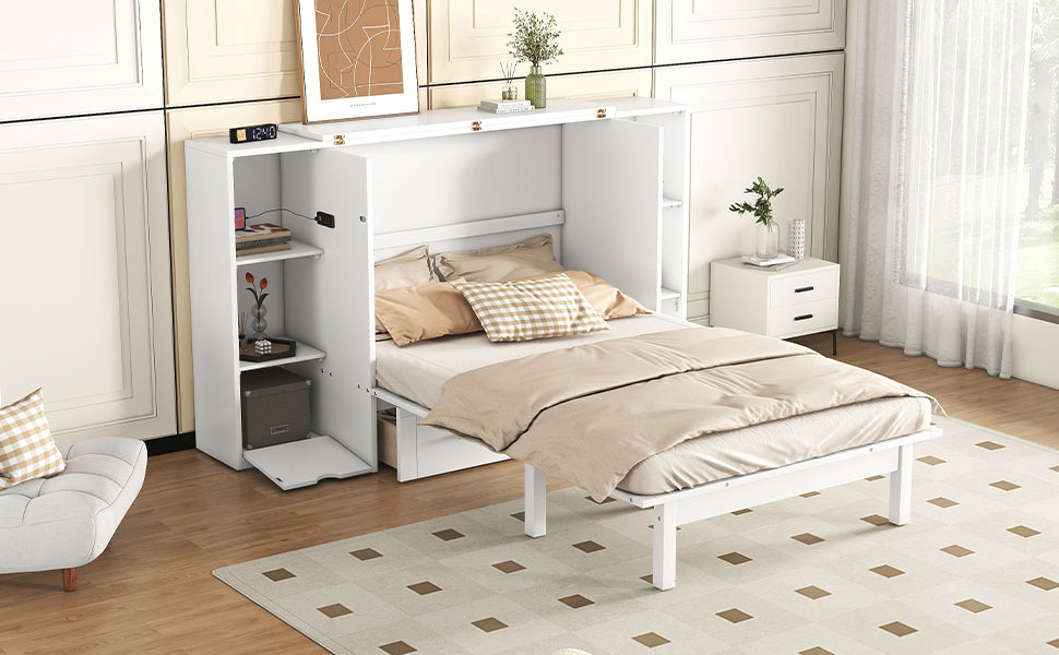 Queen Size Murphy Bed With Shelves, Drawers And Usb Ports,White White Mdf Lvl