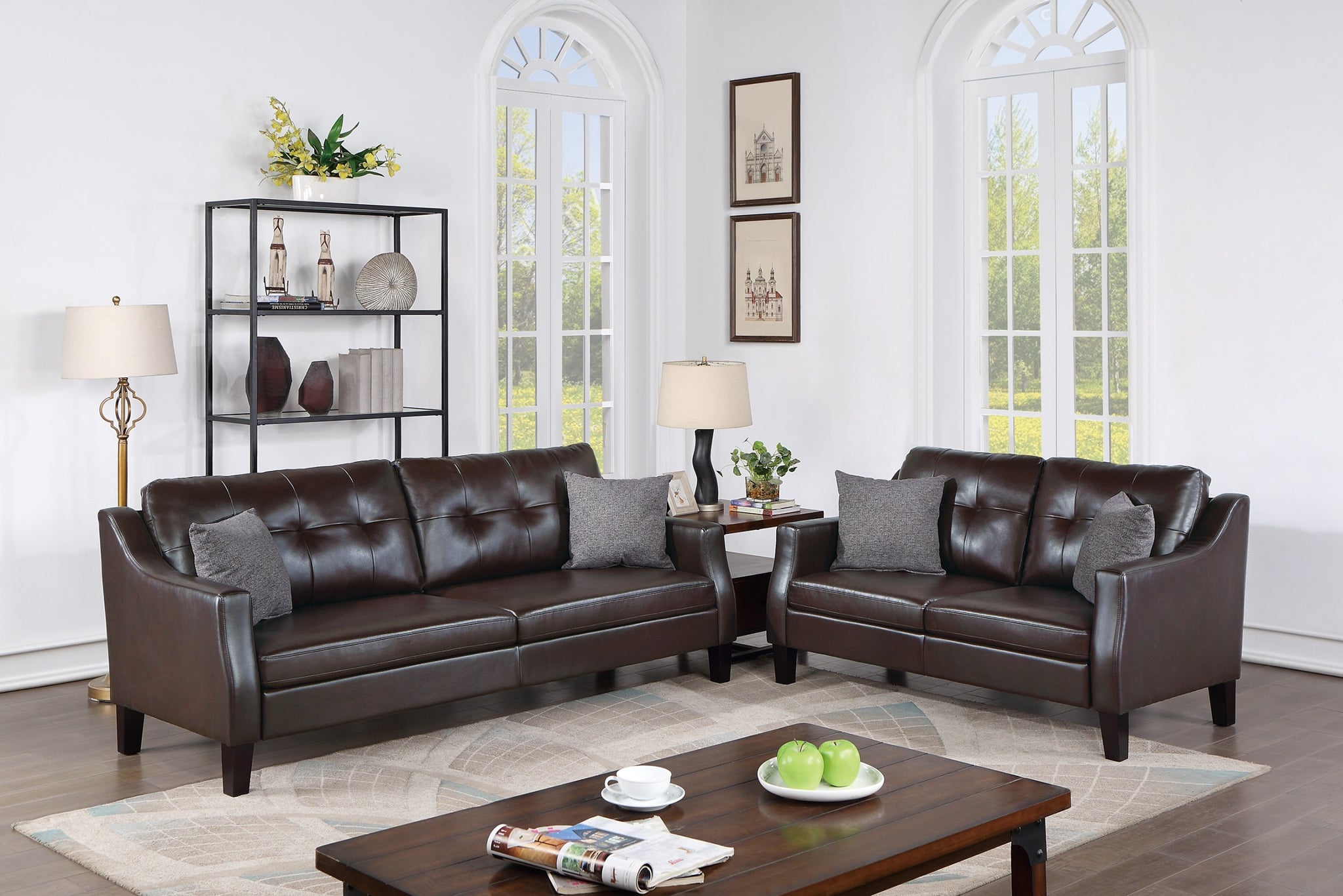 Contemporary Living Room Furniture 2 Pcs Sofa Set Dark Brown Gelcouch Sofa And Loveseat Plush Cushion Tufted Plush Sofa Pillows Dark Brown Faux Leather Wood Primary Living Space Classic,Contemporary,Modern Faux Leather 5 Seat