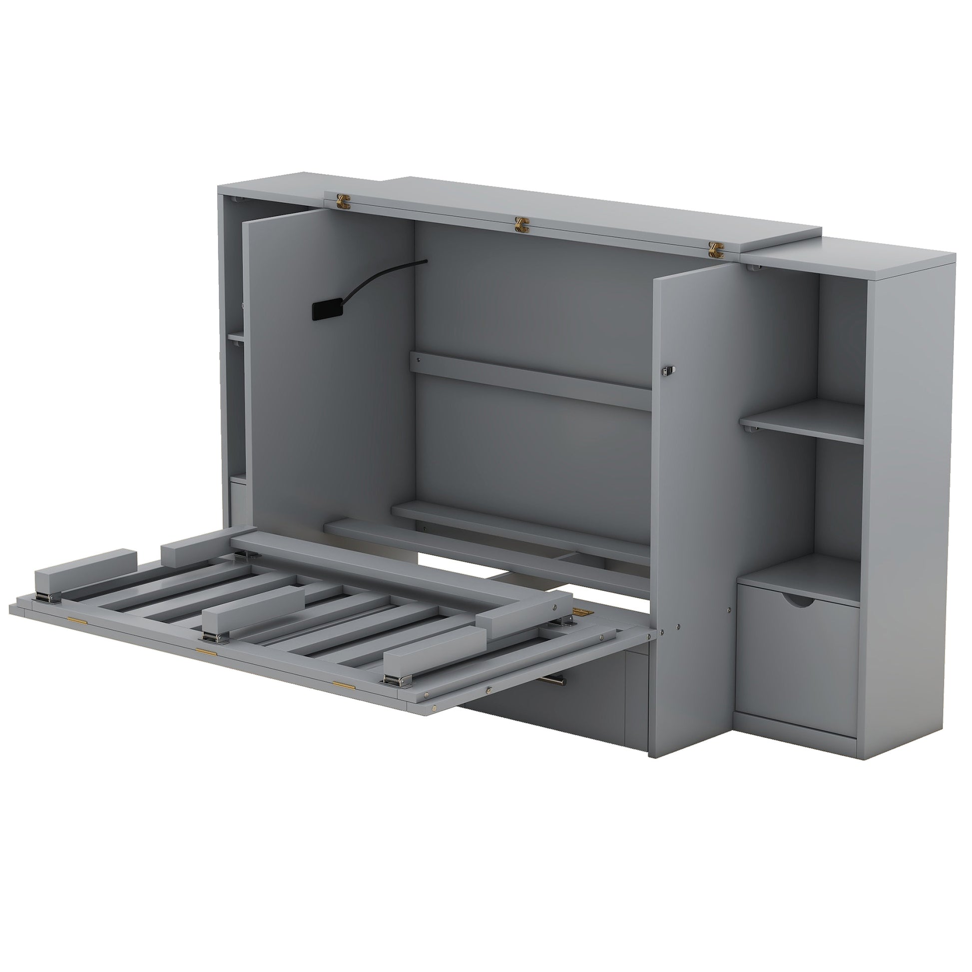 Queen Size Murphy Bed With Shelves, Drawers And Usb Ports,Gray Gray Mdf Lvl