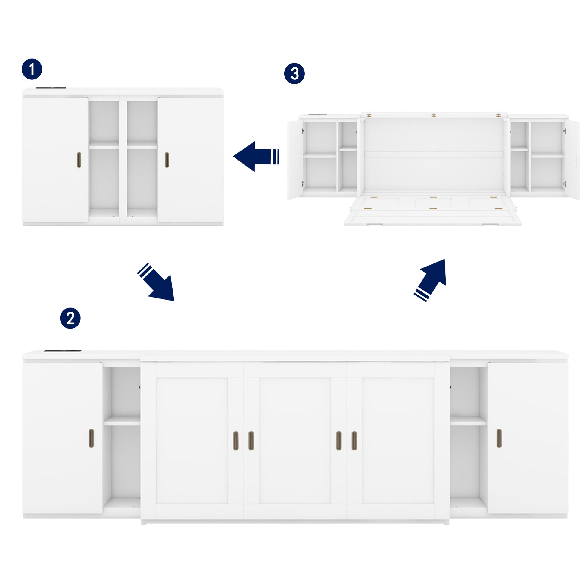 Queen Size Murphy Bed With Shelves, Cabinets And Usb Ports,White Queen White Mdf Lvl