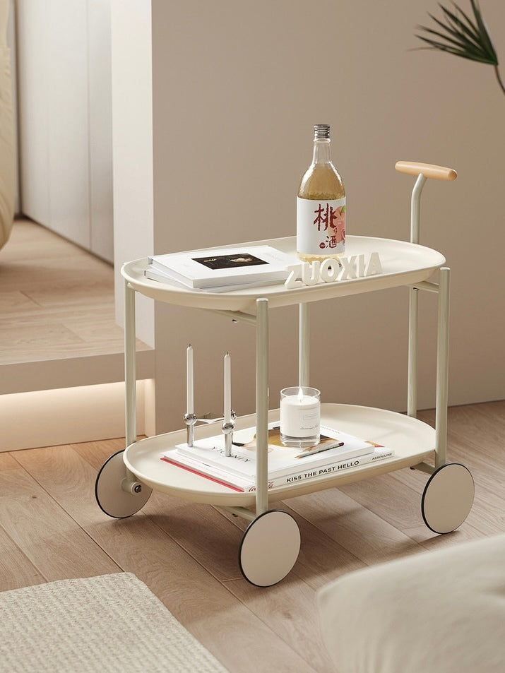 Movable Small Pushcart Inimalist Style Coffee Table Storage Cart Double Layer Modern Sofa Side Bedroom Leisure Time Cream Iron Plastic