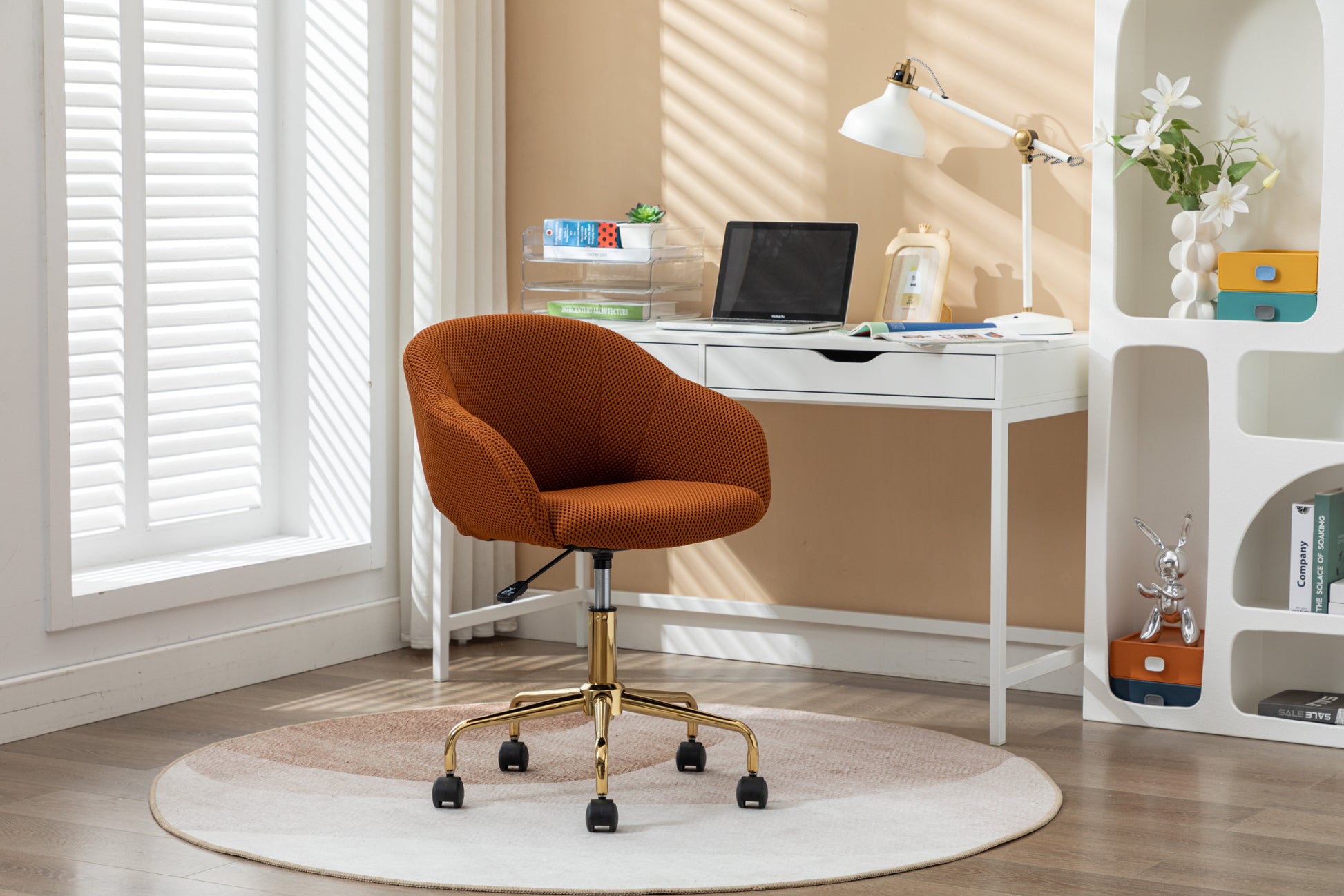 047 Mesh Fabric Home Office 360 Swivel Chair Adjustable Height With Gold Metal Base,Caramel Solid Caramel Office Sponge Wipe Clean Modern Office Chairs Tufted Back Foam Adjustable Height Fabric Mesh