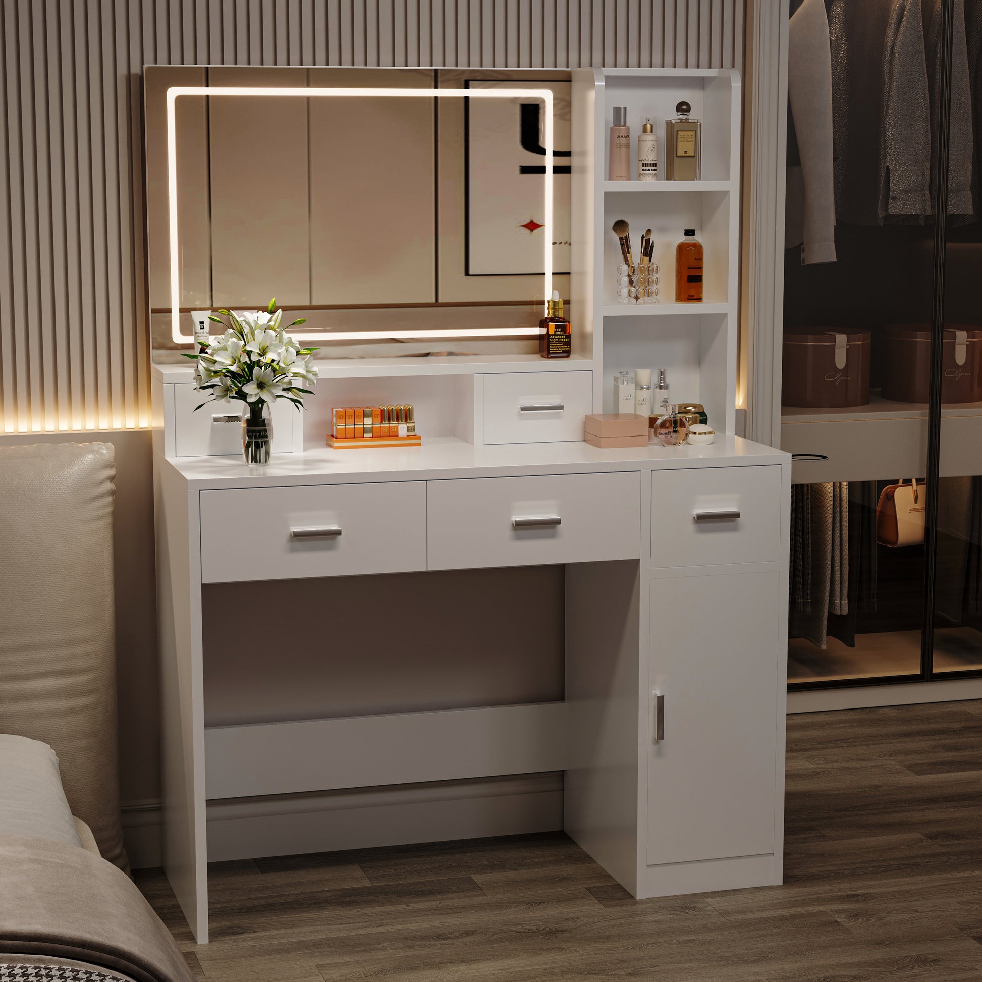 Newly Designed Smart Mirror Dressing Table With Drawers And Storage Cabinet, Dressing Table With Dressing Pad For Bedroom, Dressing Room White Mdf Glass