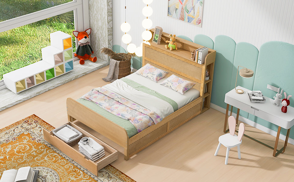 Full Size Platform Bed With Storage Headboard And A Big Drawer, Wood Color Box Spring Not Required Full Wood Wood Bedroom Bed Frame Solid Wood Mdf