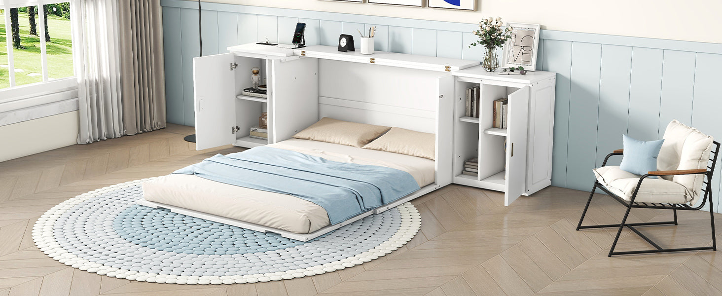 Queen Size Murphy Bed With Shelves, Cabinets And Usb Ports,White Queen White Mdf Lvl