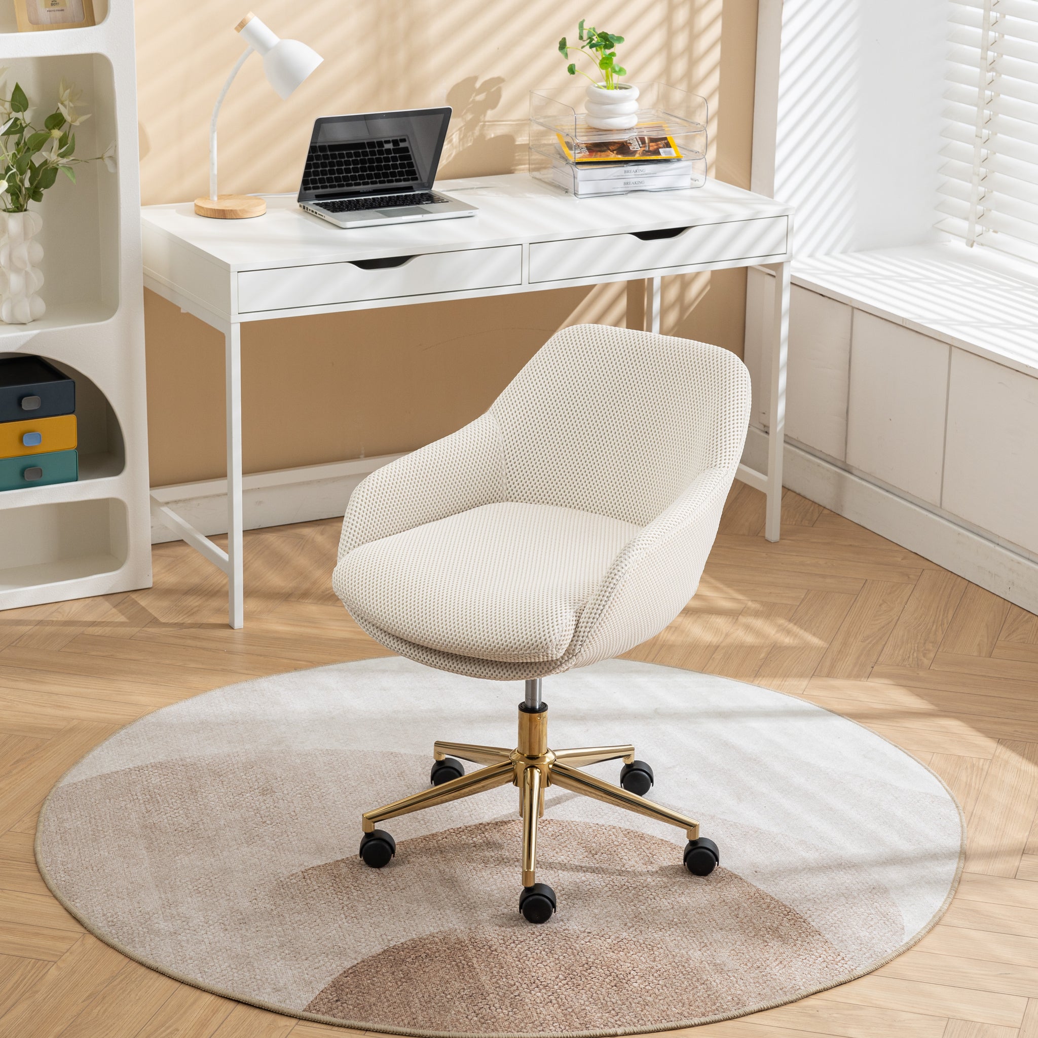 046 Mesh Fabric Home Office 360 Swivel Chair Adjustable Height With Gold Metal Base,Beige Solid Beige Office Sponge Wipe Clean Modern Office Chairs Tufted Back Foam Adjustable Height Fabric Mesh