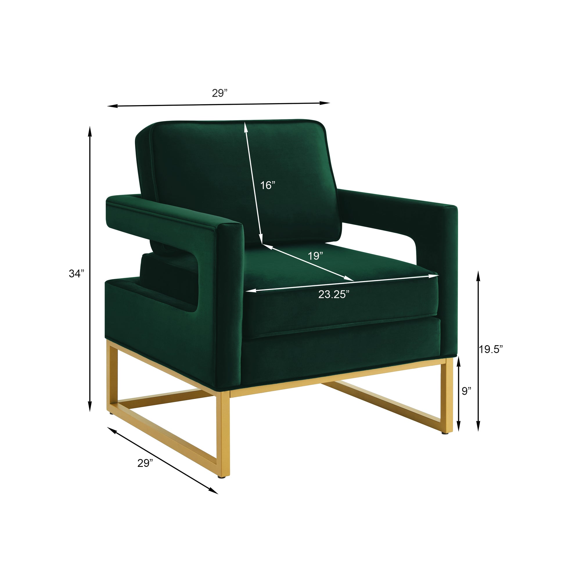 Modern Style Accent Chair With Gold Metal Basevelvet Upholstered Leisure Chair With Open Armrest, Armchair, Jade Emerald Primary Living Space Modern Foam Velvet