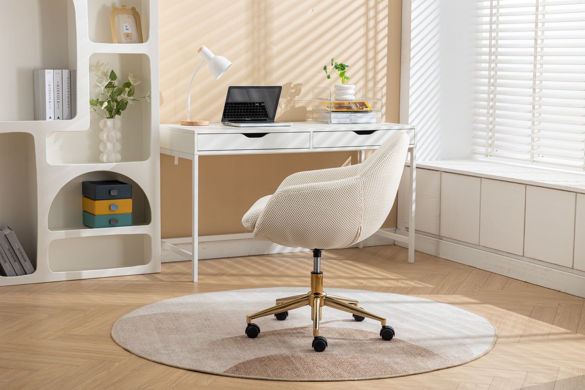 046 Mesh Fabric Home Office 360 Swivel Chair Adjustable Height With Gold Metal Base,Beige Solid Beige Office Sponge Wipe Clean Modern Office Chairs Tufted Back Foam Adjustable Height Fabric Mesh