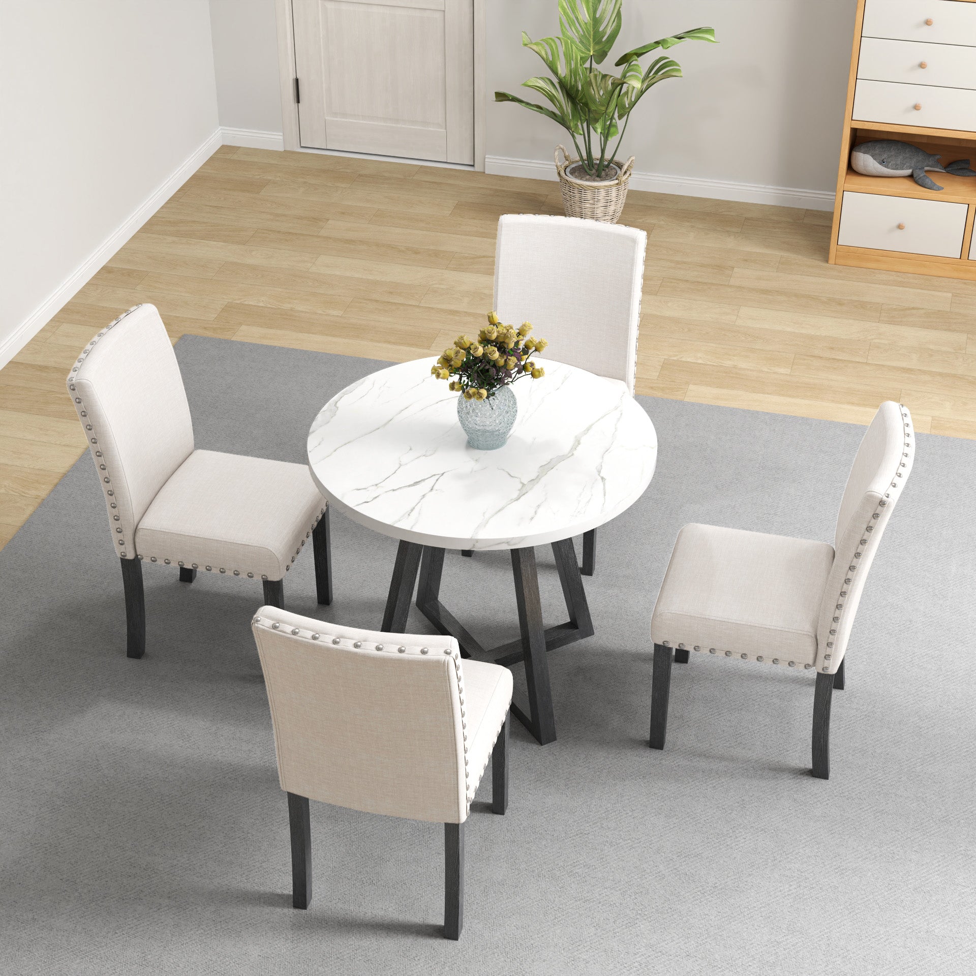 Five Piece Dining Room Set With Imitation Marble Table Top, Solid Wood Dining Table And 4 Chairs, Space Saving Kitchen And Dining Room Combination Furniture. Black White Solid Wood Mdf