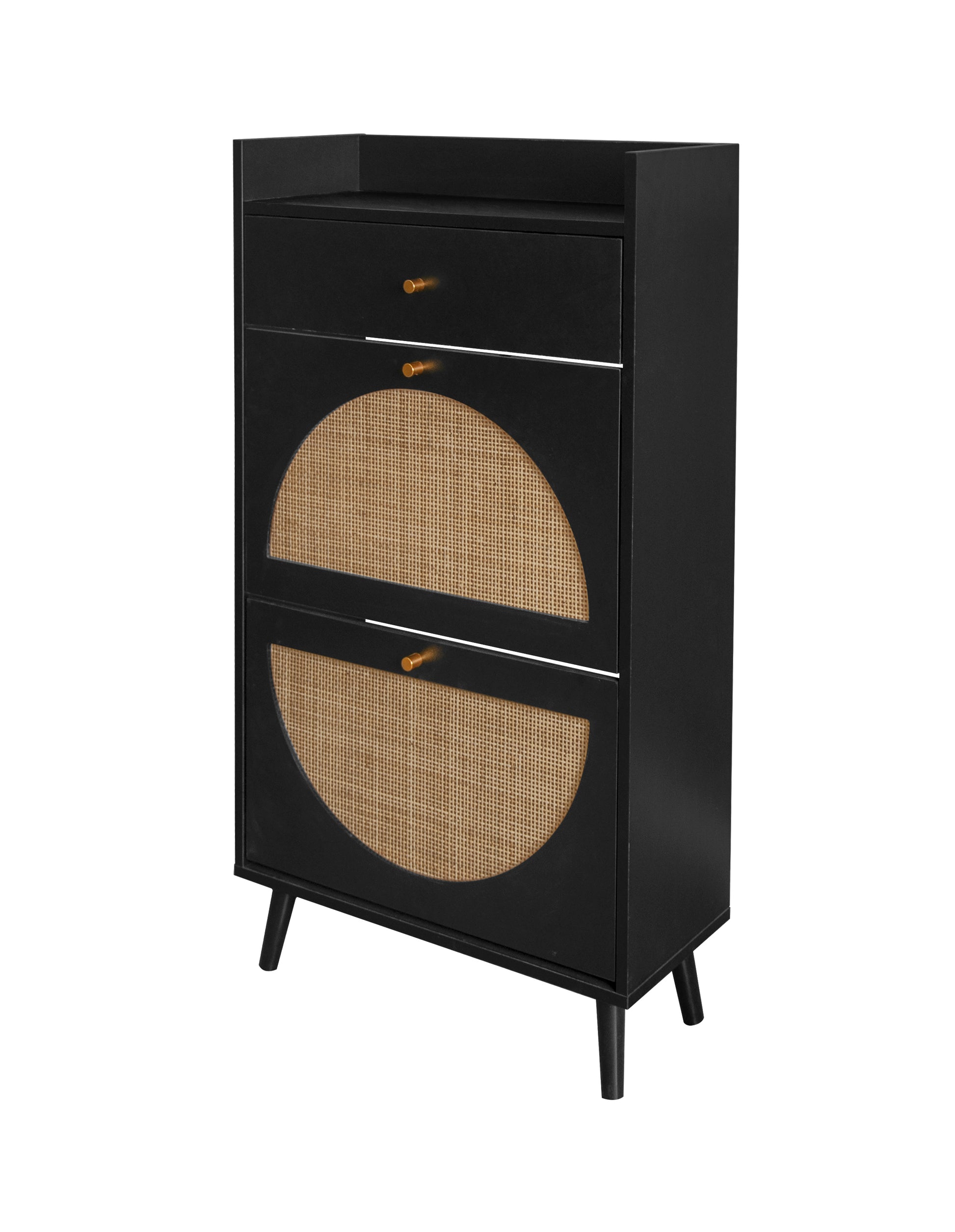 Rattan, Allen 2 Door 1 Drawer Cabinet, Shoe Rack, Double Layer, Suitable For Entrance Black Particle Board