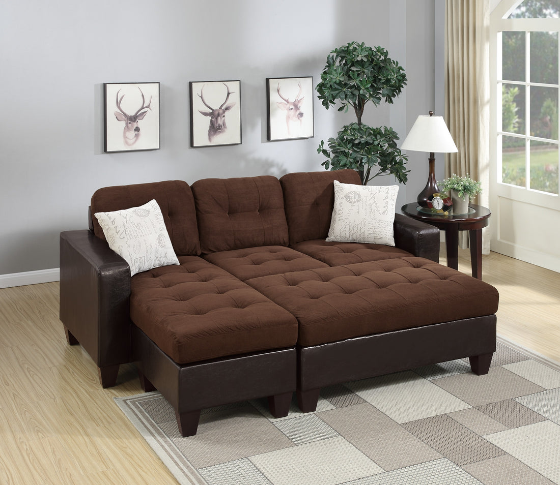 Chocolate Plush Microfiber Faux Leather 3Pcs Reversible Sectional Sofa Chaise W Ottoman Chaise Tufted Couch Lounge Living Room Furniture Chocolate Wood Primary Living Space Tufted Back Classic,Contemporary,Modern L Shaped Rubberwood Fabric 4 Seat