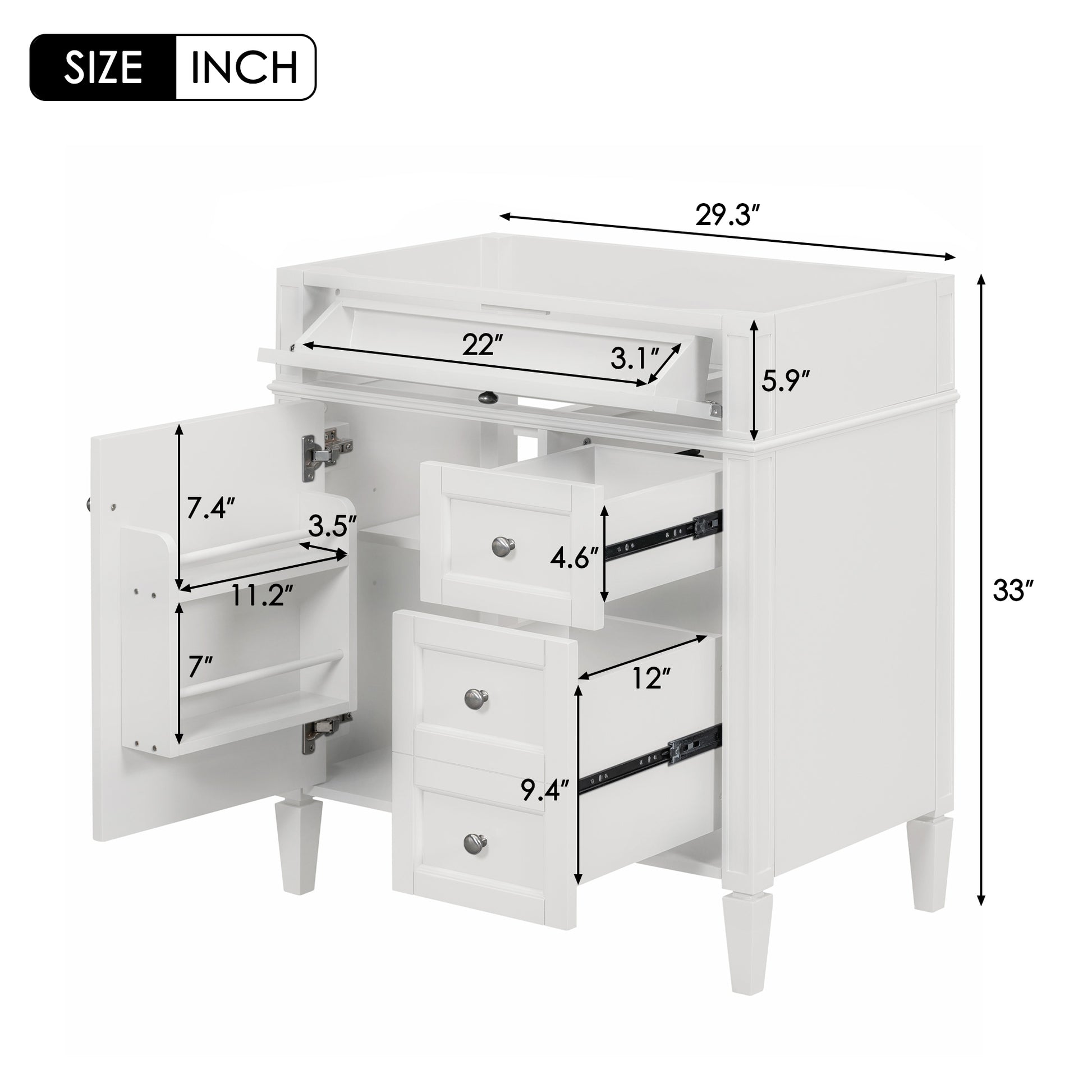 30'' Bathroom Vanity Without Top Sink, Modern Bathroom Storage Cabinet With 2 Drawers And A Tip Out Drawer Not Include Basin 3 White 1 2 Adjustable Shelves Bathroom Freestanding Solid Wood Mdf Painted