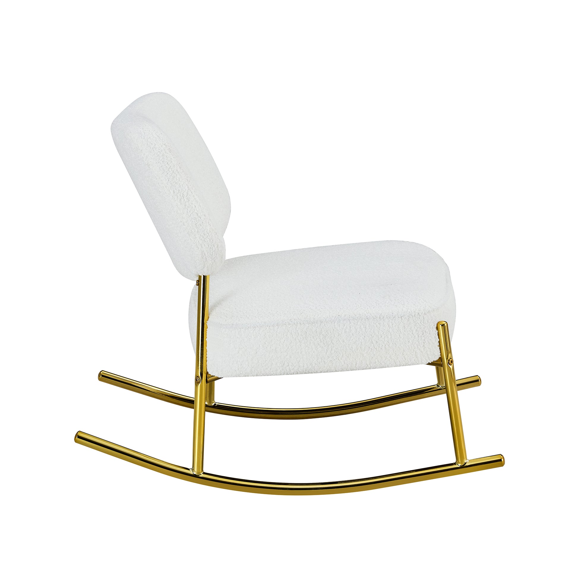 Teddy Suede Material Cushioned Rocking Chair, Unique Rocking Chair, Cushioned Seat, White Rocking Chair With Backrest And Golden Metal Legs. Comfortable Side Chairs In Living Room, Bedroom, Office White Velvet