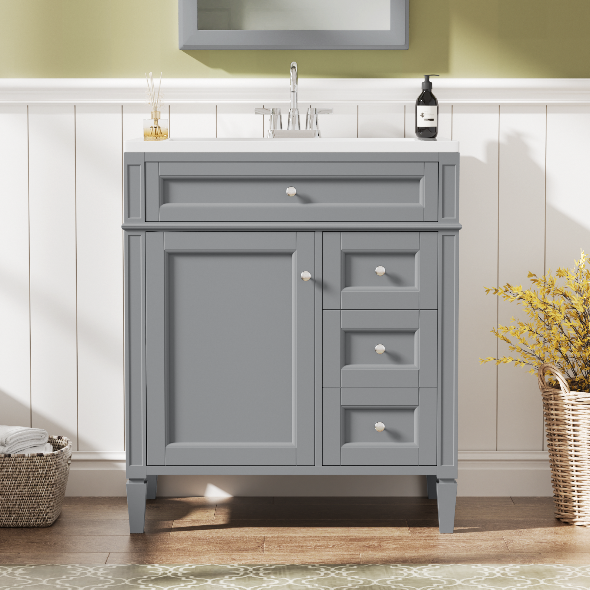 30'' Bathroom Vanity With Top Sink, Modern Bathroom Storage Cabinet With 2 Drawers And A Tip Out Drawer, Single Sink Bathroom Vanity 3 Grey 1 2 Adjustable Shelves Bathroom Freestanding Solid Wood Mdf Painted