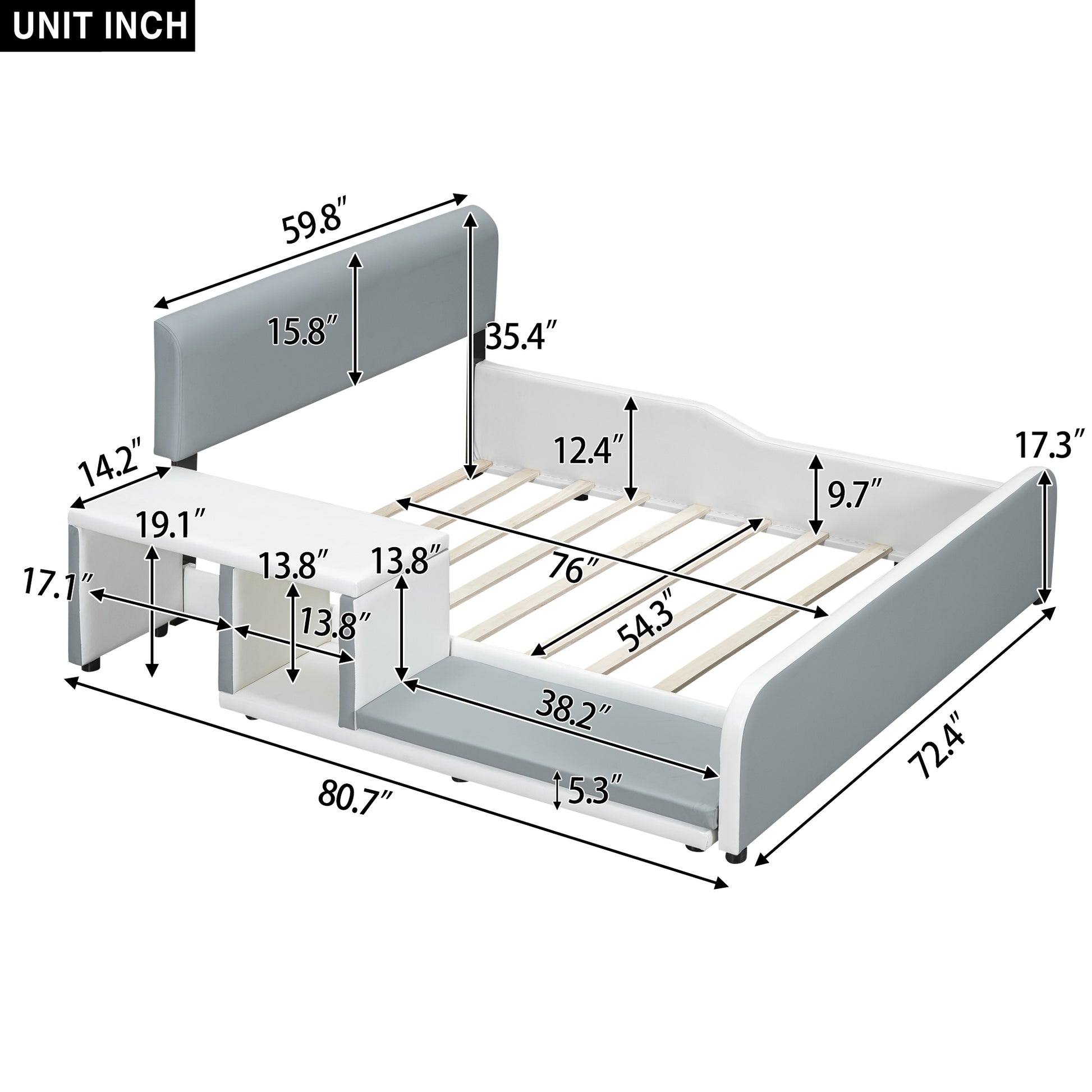 Full Size Upholstered Platform Bed With Storage Nightstand And Guardrail, Gray Box Spring Not Required Full Gray Wood Bedroom Upholstered