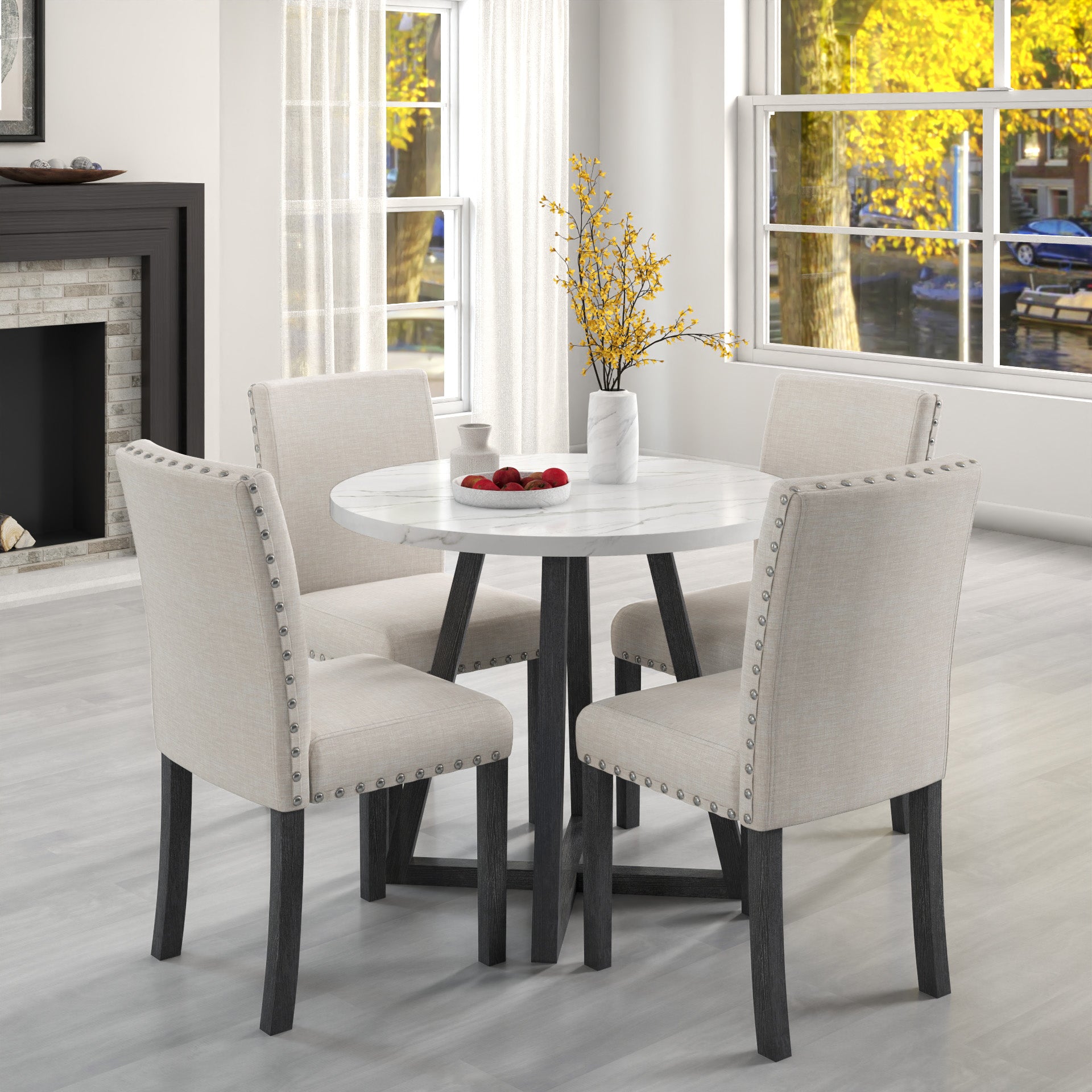 Five Piece Dining Room Set With Imitation Marble Table Top, Solid Wood Dining Table And 4 Chairs, Space Saving Kitchen And Dining Room Combination Furniture. Black White Solid Wood Mdf