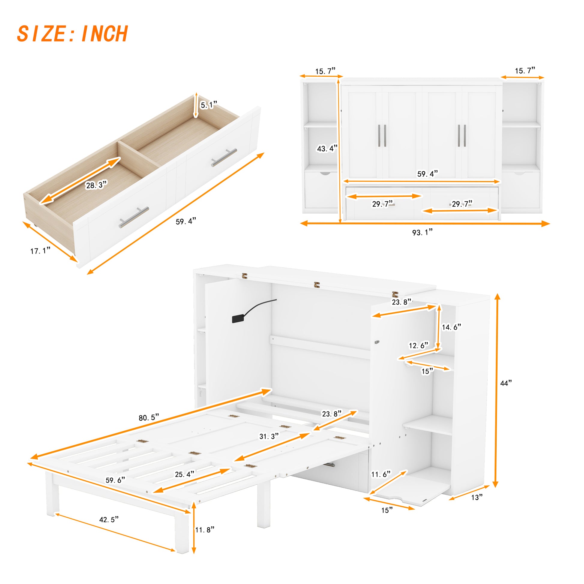 Queen Size Murphy Bed With Shelves, Drawers And Usb Ports,White White Mdf Lvl