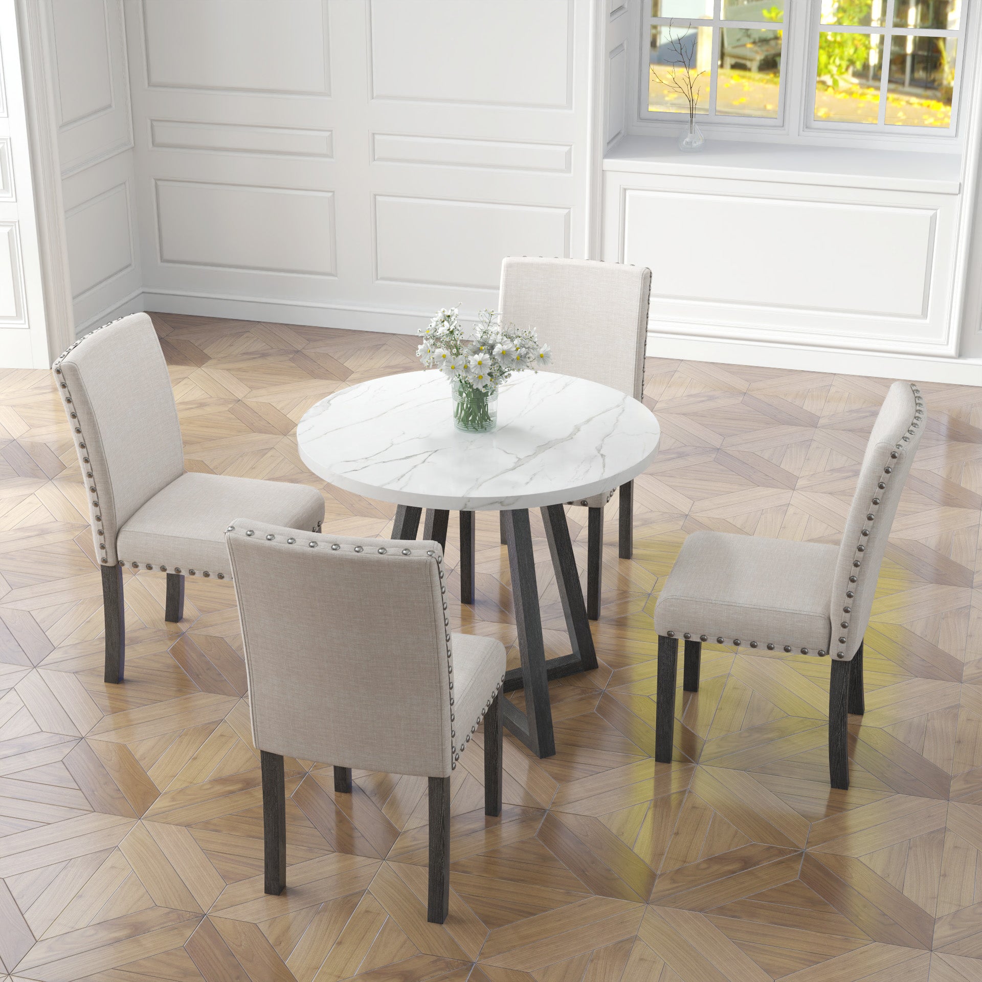 Five Piece Dining Room Set With Imitation Marble Table Top, Solid Wood Dining Table And 4 Chairs, Space Saving Kitchen And Dining Room Combination Furniture. Black White Solid Wood Mdf