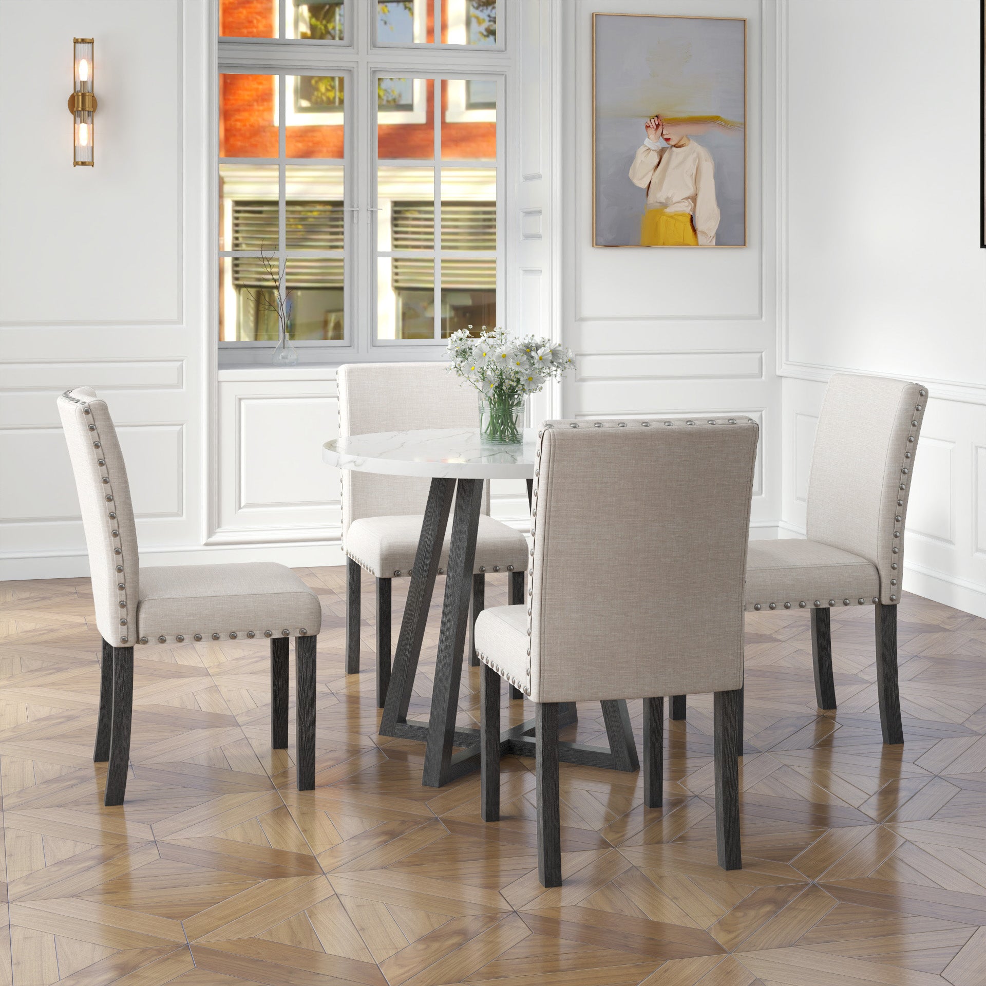Five Piece Dining Room Set With Imitation Marble Table Top, Solid Wood Dining Table And 4 Chairs, Space Saving Kitchen And Dining Room Combination Furniture. Black White Solid Wood Mdf