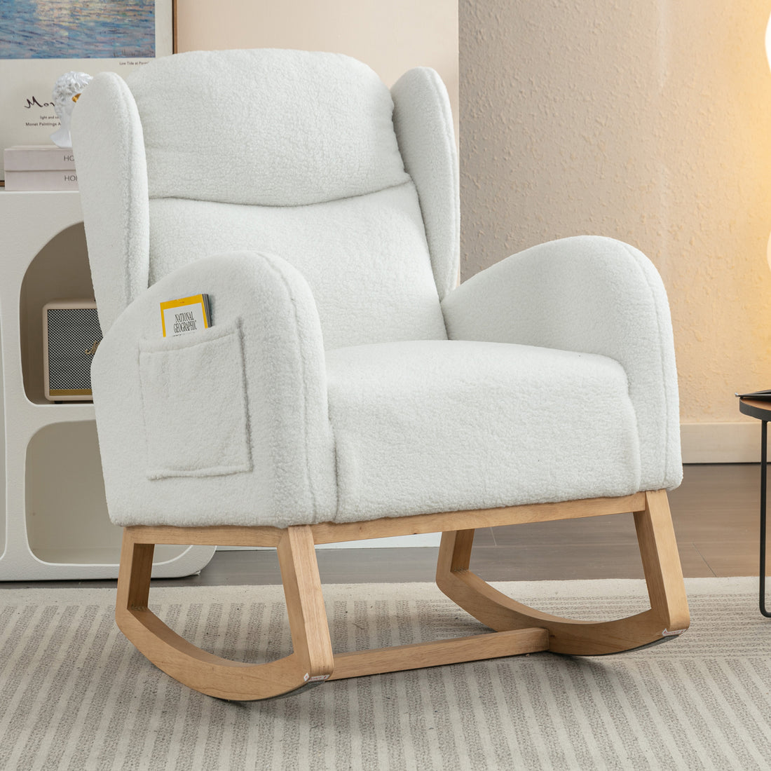 049 Teddy Fabric Rocking Chair With Packet Wood Legs,Ivory Wood Solid Ivory Primary Living Space Foam Wipe Clean Modern Rocking Chairs Eucalyptus Tufted Back Foam Teddy