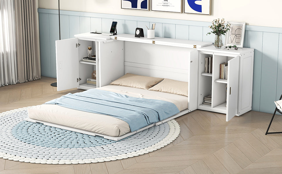 Queen Size Murphy Bed With Shelves, Cabinets And Usb Ports,White Queen White Mdf Lvl