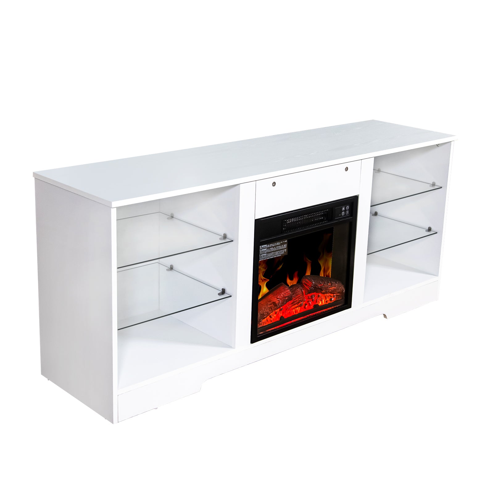 Fireplace Tv Stand With 18 Inch Electric Fireplace Heater,Modern Entertainment Center For Tvs Up To 62 Inch With Adjustable Glass Shelves And Storage Cabinets White White Mdf