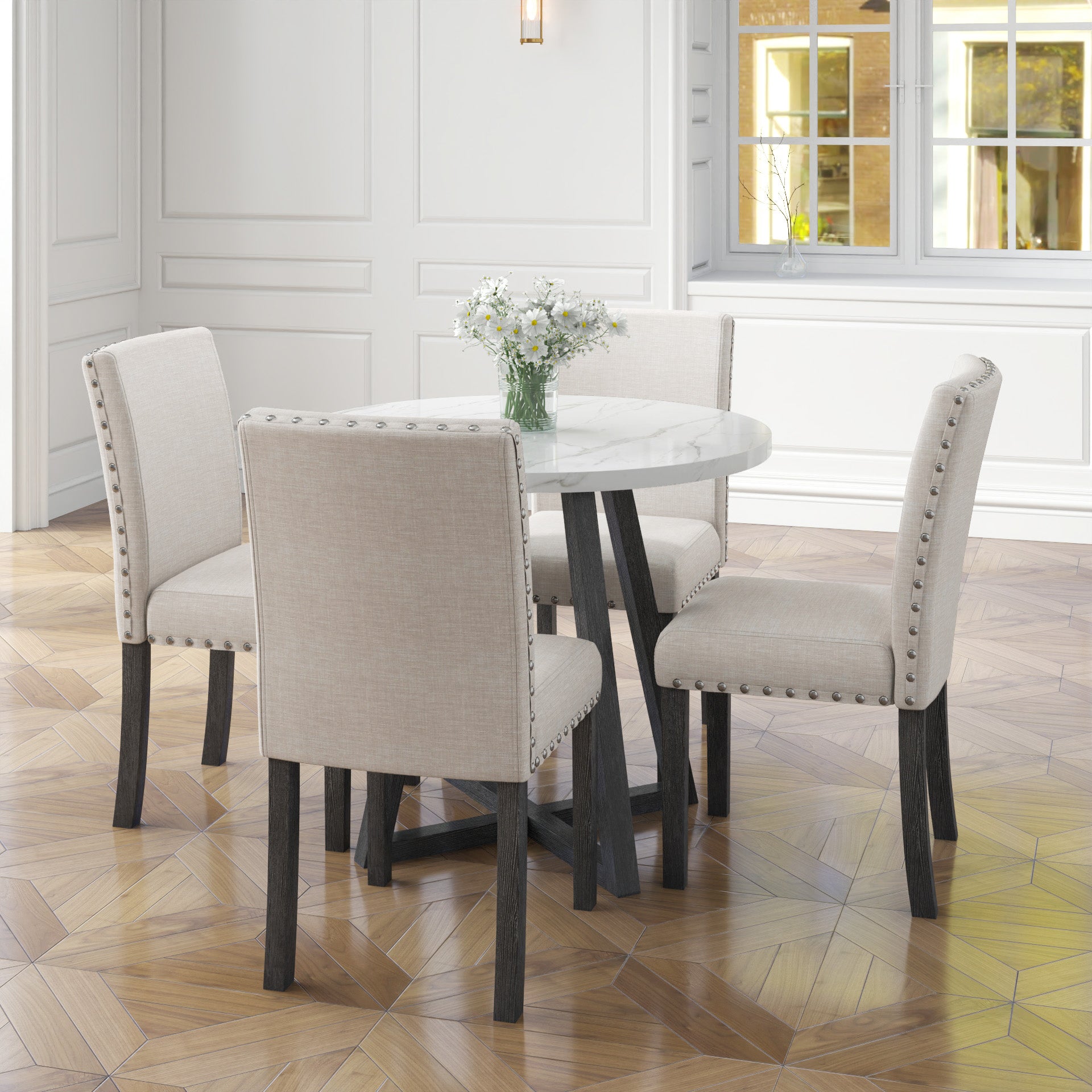 Five Piece Dining Room Set With Imitation Marble Table Top, Solid Wood Dining Table And 4 Chairs, Space Saving Kitchen And Dining Room Combination Furniture. Black White Solid Wood Mdf