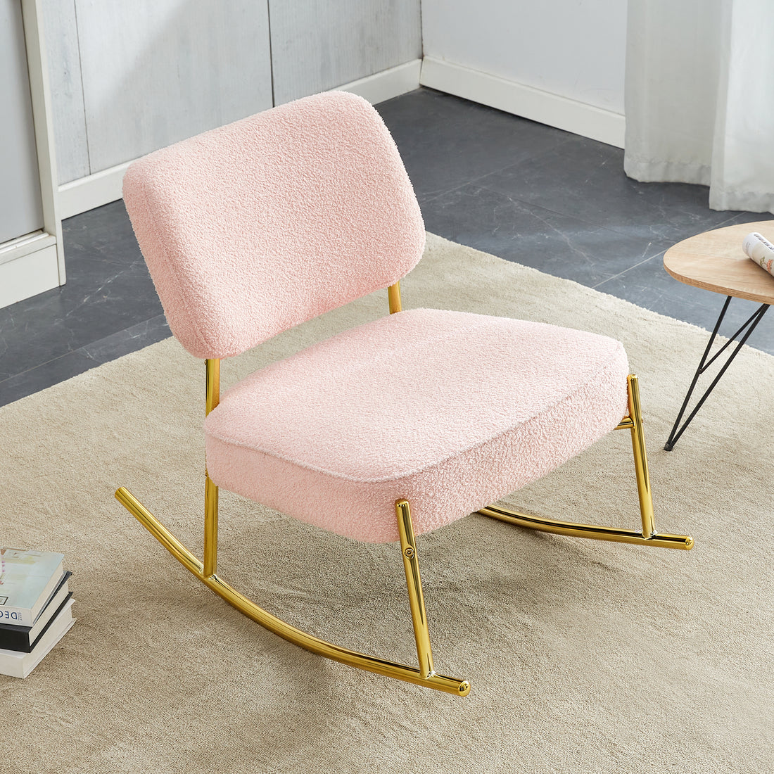 Teddy Velvet Material Cushioned Rocking Chair, Unique Rocking Chair, Cushioned Seat, Pink Backrest Rocking Chair, And Golden Metal Legs. Comfortable Side Chairs In The Living Room, Bedroom, And Office Pink Velvet