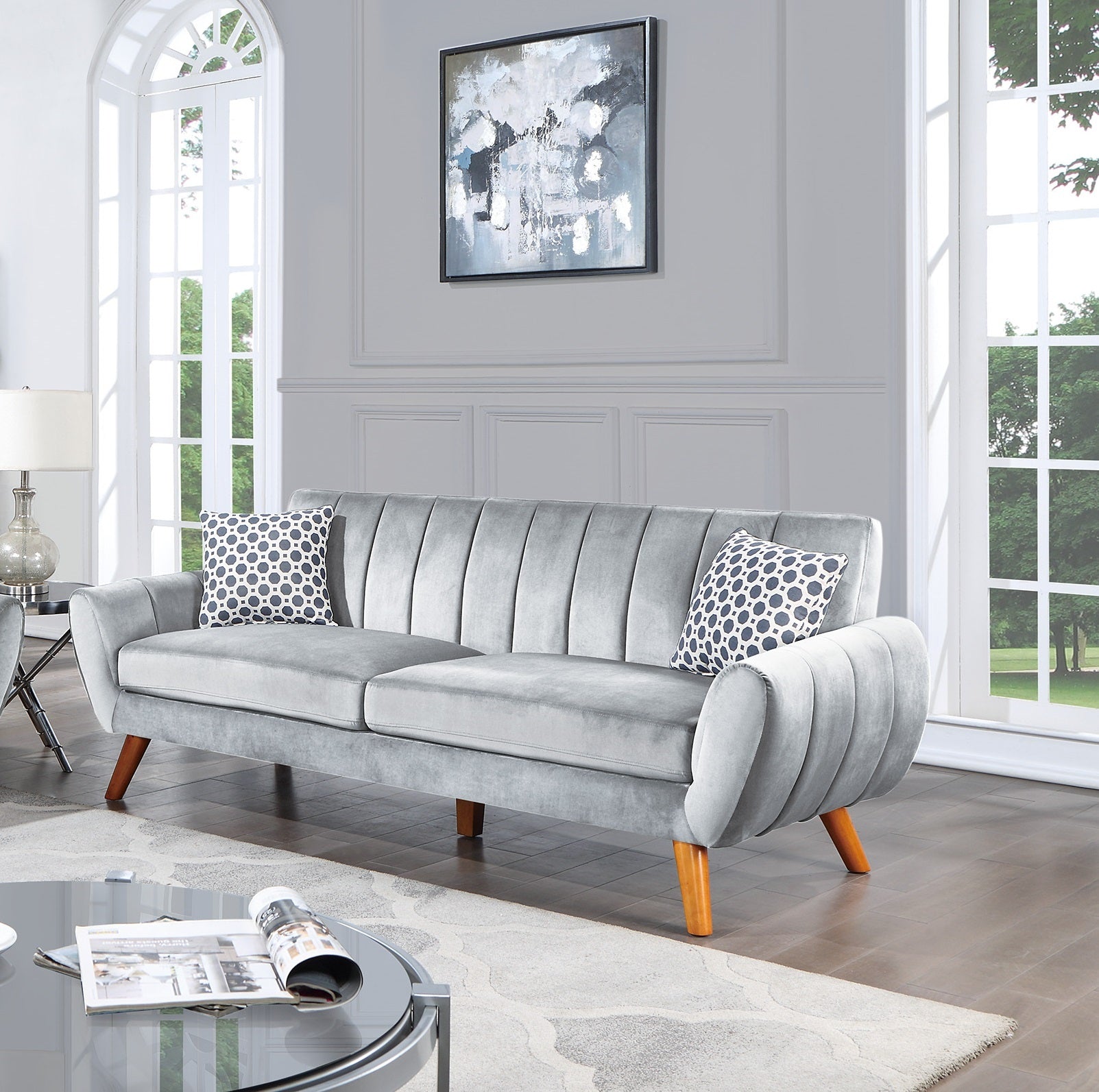 Contemporary 2 Pcs Sofa Set Living Room Furniture Light Gray Velvet Couch Sofa And Loveseat Plush Cushion Unique Lines Plush Sofa. Light Gray Velvet Wood Primary Living Space Classic,Contemporary,Modern Velvet 5 Seat