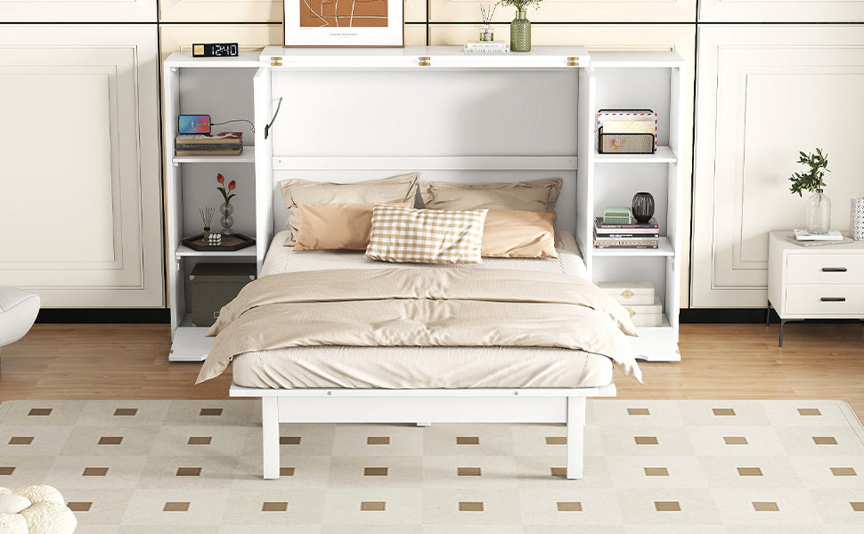 Queen Size Murphy Bed With Shelves, Drawers And Usb Ports,White White Mdf Lvl