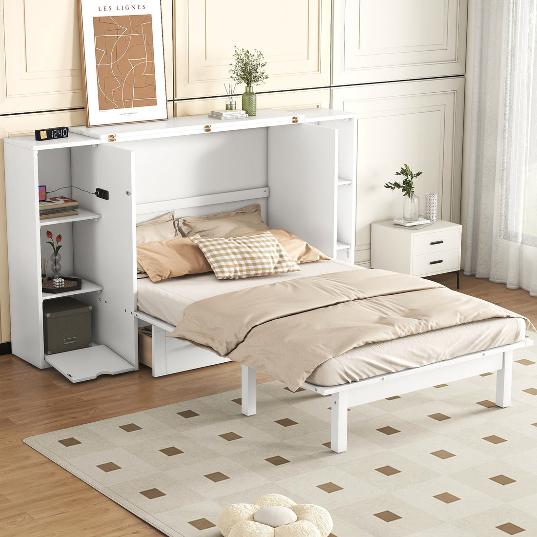 Queen Size Murphy Bed With Shelves, Drawers And Usb Ports,White White Mdf Lvl