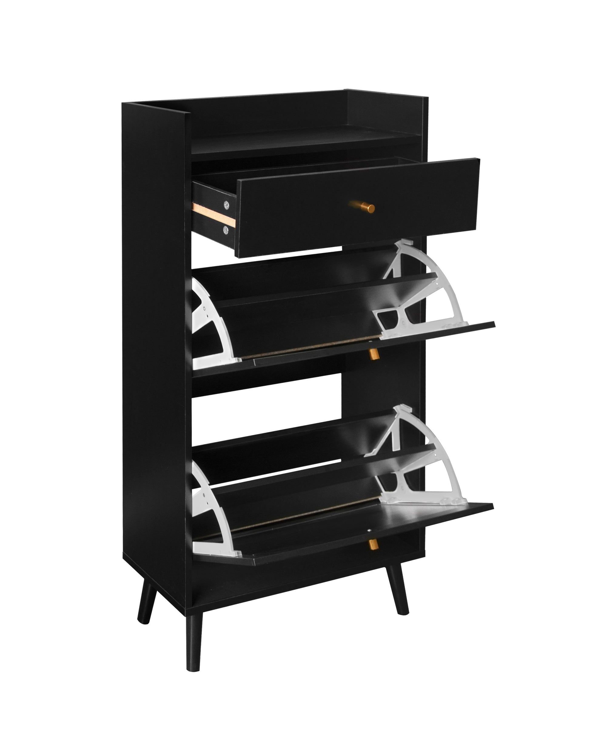 Rattan, Allen 2 Door 1 Drawer Cabinet, Shoe Rack, Double Layer, Suitable For Entrance Black Particle Board