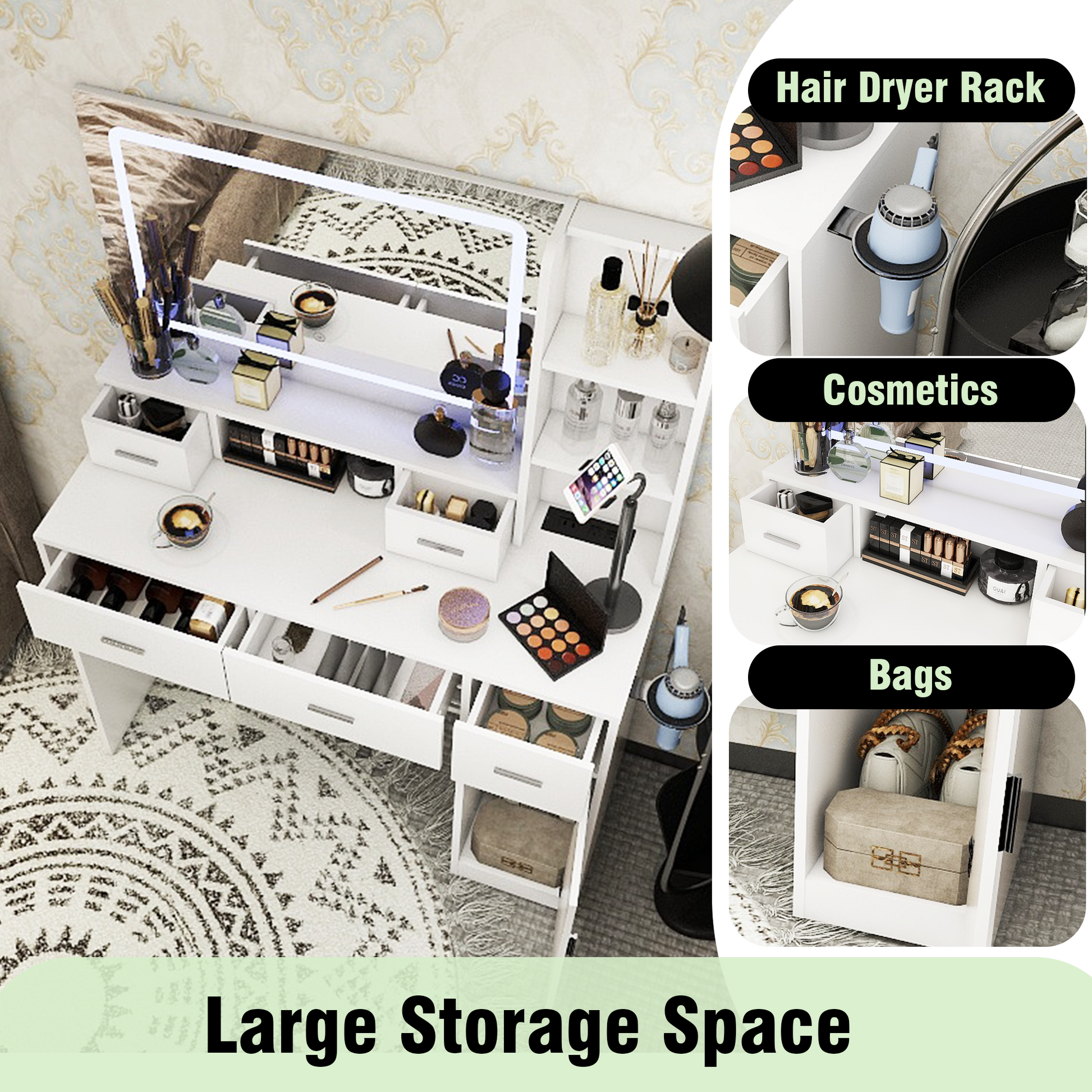 White Dressing Table With Led 3 Color Illuminated Mirror And Power Outlet, Dressing Table With Drawers, Storage Box And Shelf, Dressing Table With Bedroom Cushioned Stool White 5 Drawers & Above