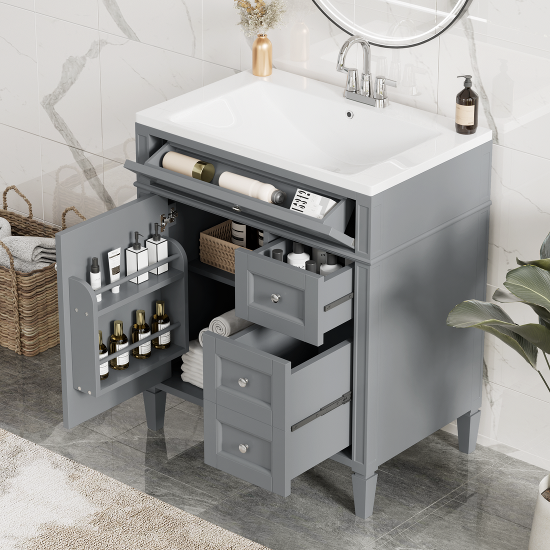 30'' Bathroom Vanity With Top Sink, Modern Bathroom Storage Cabinet With 2 Drawers And A Tip Out Drawer, Single Sink Bathroom Vanity 3 Grey 1 2 Adjustable Shelves Bathroom Freestanding Solid Wood Mdf Painted