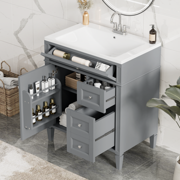 30'' Bathroom Vanity With Top Sink, Modern Bathroom Storage Cabinet With 2 Drawers And A Tip Out Drawer, Single Sink Bathroom Vanity 3 Grey 1 2 Adjustable Shelves Bathroom Freestanding Solid Wood Mdf Painted