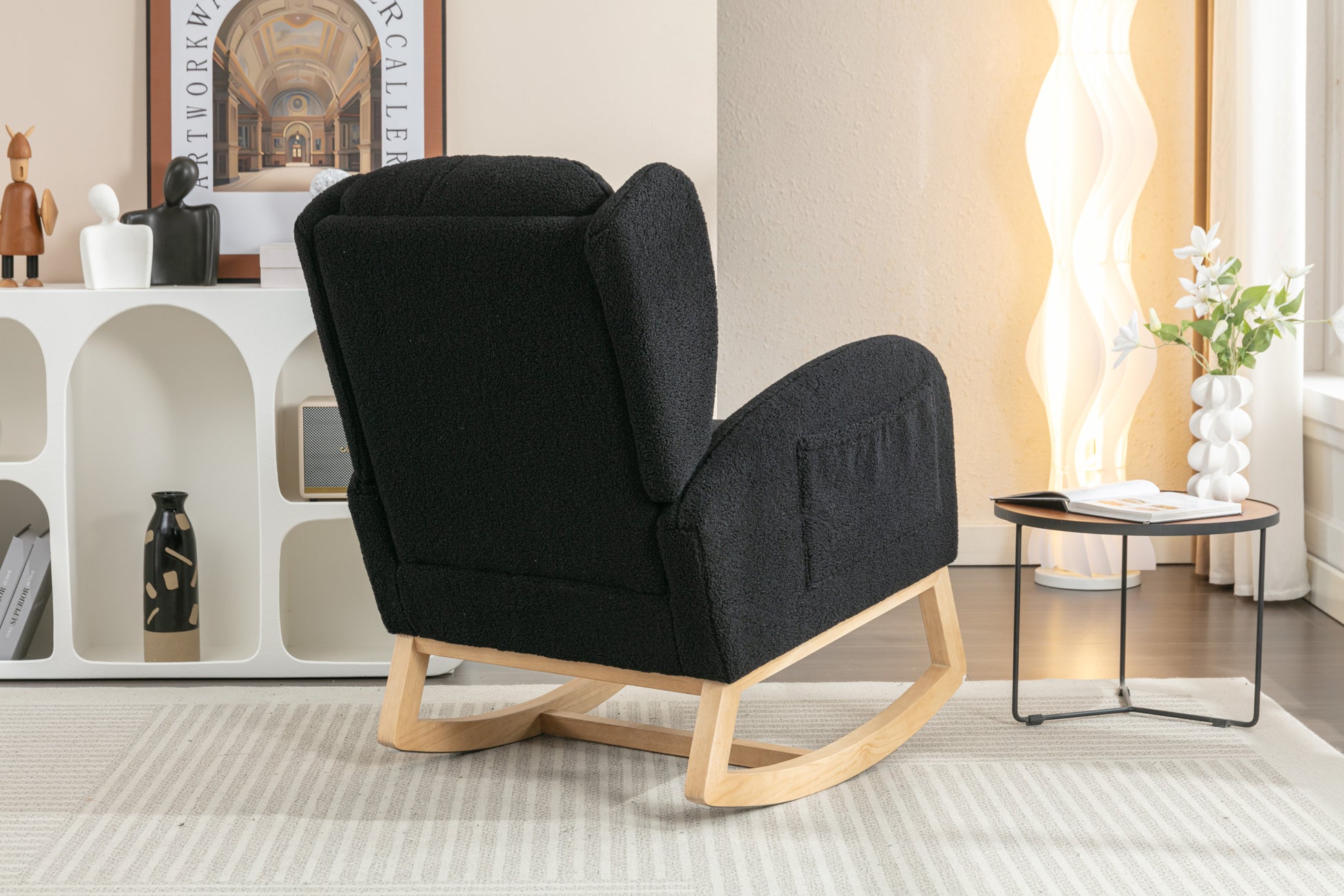 049 Teddy Fabric Rocking Chair With Packet Wood Legs,Black Wood Solid Black Primary Living Space Foam Wipe Clean Modern Rocking Chairs Eucalyptus Tufted Back Foam Teddy