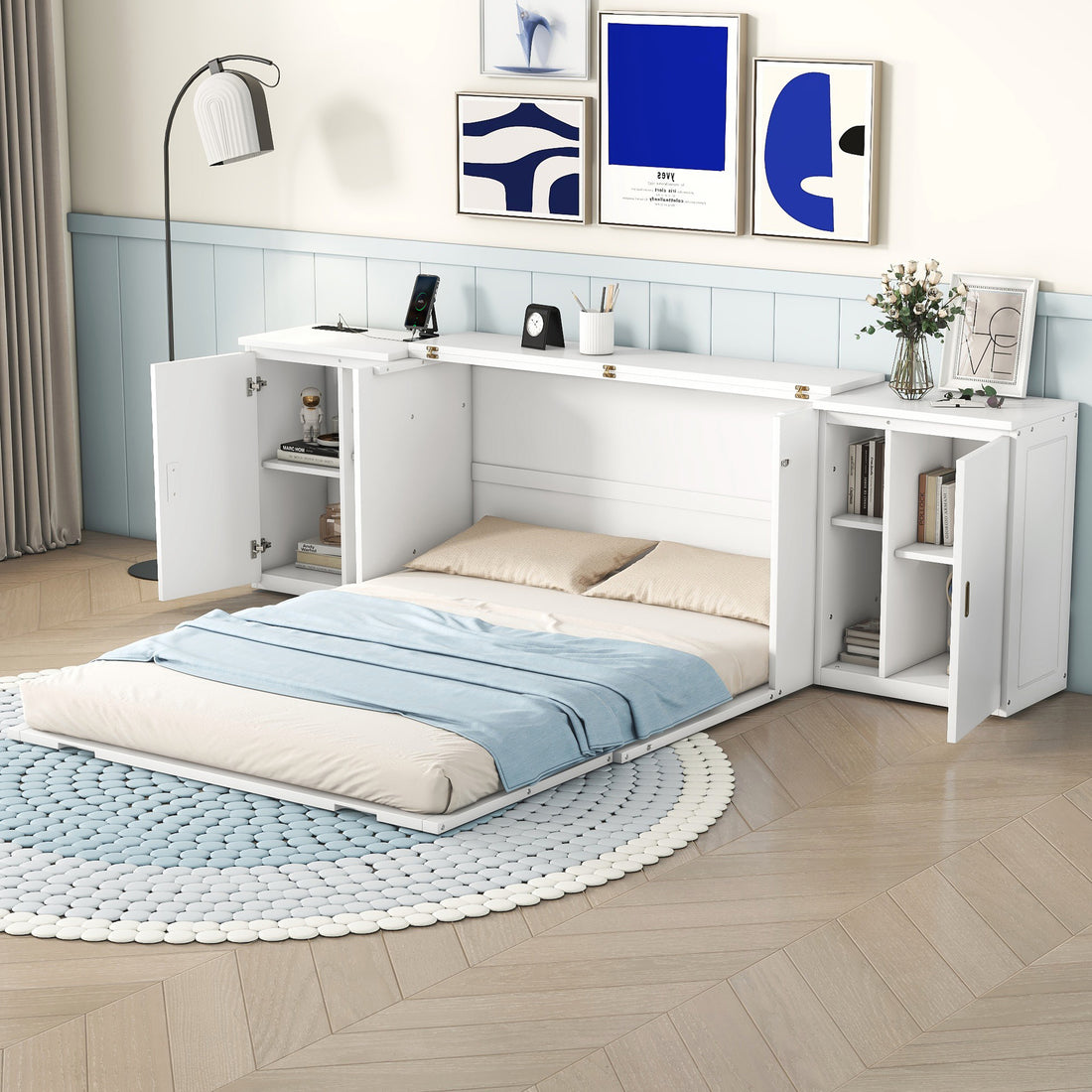 Queen Size Murphy Bed With Shelves, Cabinets And Usb Ports,White Queen White Mdf Lvl