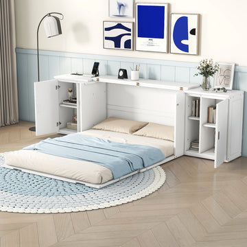 Queen Size Murphy Bed With Shelves, Cabinets And Usb Ports,White Queen White Mdf Lvl