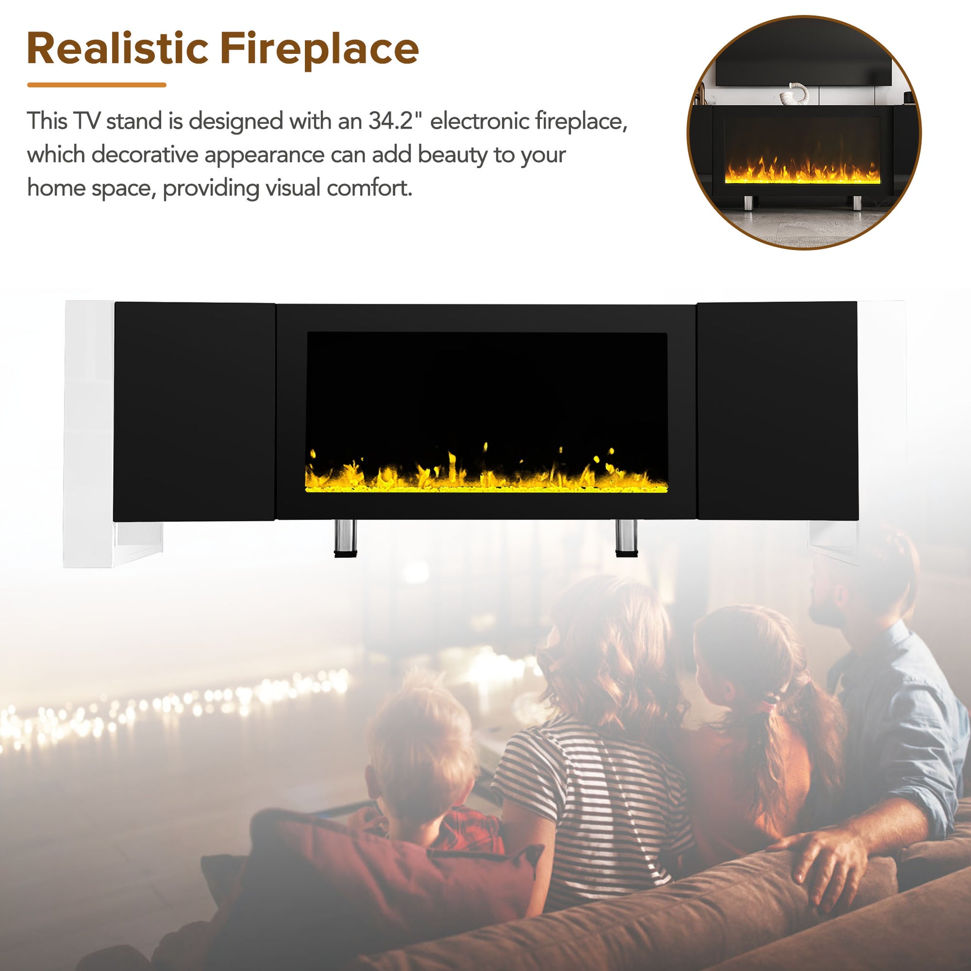 Modern Tv Stand With 34.2" Non Heating Electric Fireplace, High Gloss Entertainment Center With 2 Cabinets, Media Console For Tvs Up To 78", Black Black Primary Living Space 70 79 Inches 70 79 Inches Modern Mdf