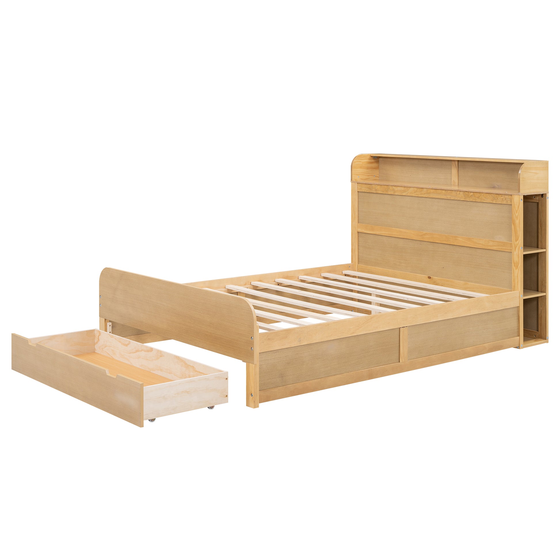 Full Size Platform Bed With Storage Headboard And A Big Drawer, Wood Color Box Spring Not Required Full Wood Wood Bedroom Bed Frame Solid Wood Mdf