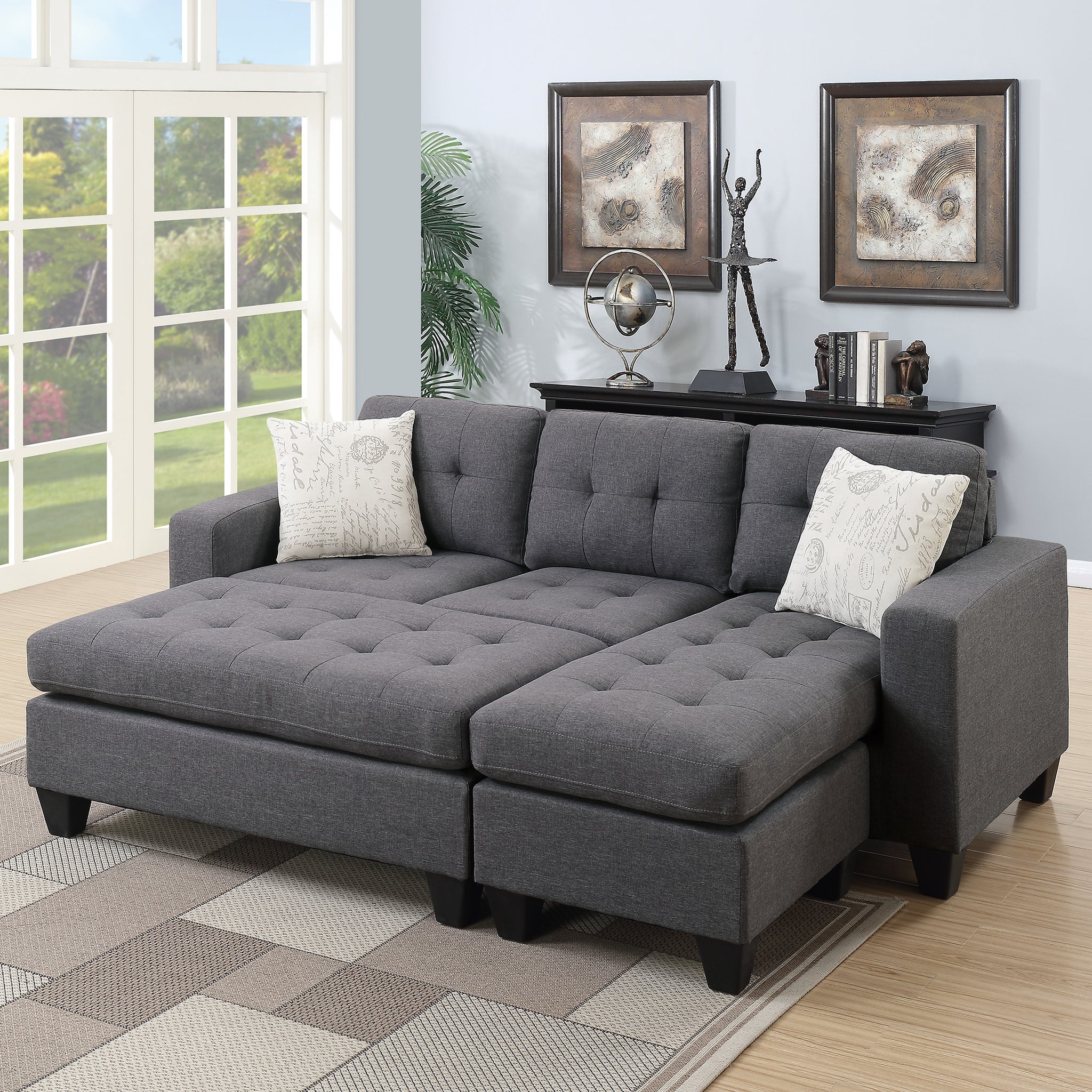 Blue Grey Polyfiber Linen Like Fabric 3Pcs Reversible Sectional Sofa Chaise W Ottoman Chaise Tufted Couch Lounge Living Room Furniture Blue Grey Wood Primary Living Space Tufted Back Classic,Contemporary,Modern L Shaped Rubberwood Fabric 4 Seat