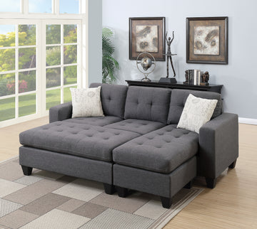 Blue Grey Polyfiber Linen Like Fabric 3Pcs Reversible Sectional Sofa Chaise W Ottoman Chaise Tufted Couch Lounge Living Room Furniture Blue Grey Wood Primary Living Space Tufted Back Classic,Contemporary,Modern L Shaped Rubberwood Fabric 4 Seat