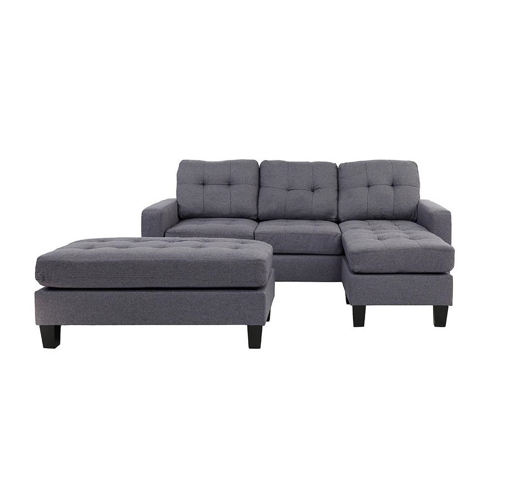 Blue Grey Polyfiber Linen Like Fabric 3Pcs Reversible Sectional Sofa Chaise W Ottoman Chaise Tufted Couch Lounge Living Room Furniture Blue Grey Wood Primary Living Space Tufted Back Classic,Contemporary,Modern L Shaped Rubberwood Fabric 4 Seat