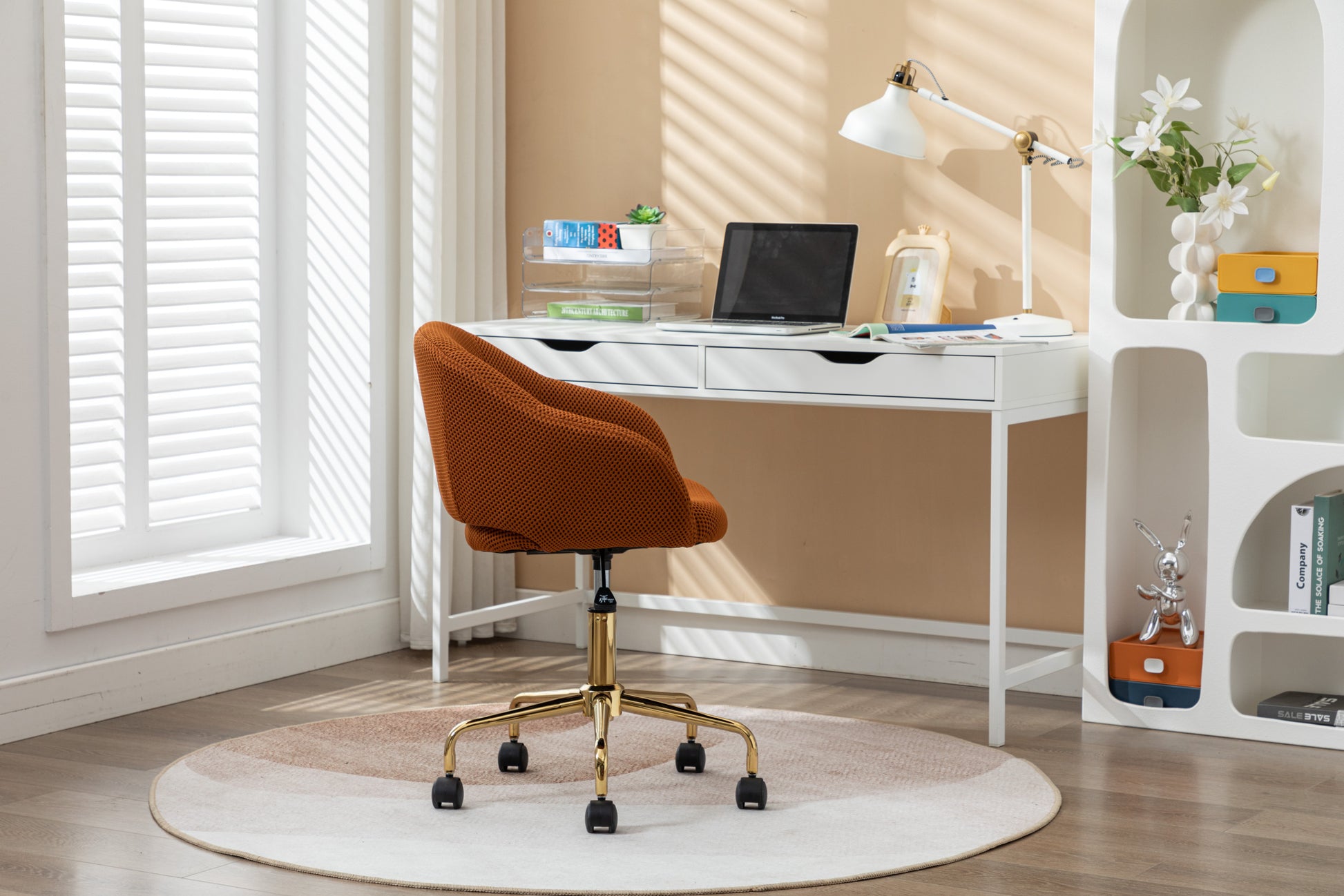 047 Mesh Fabric Home Office 360 Swivel Chair Adjustable Height With Gold Metal Base,Caramel Solid Caramel Office Sponge Wipe Clean Modern Office Chairs Tufted Back Foam Adjustable Height Fabric Mesh