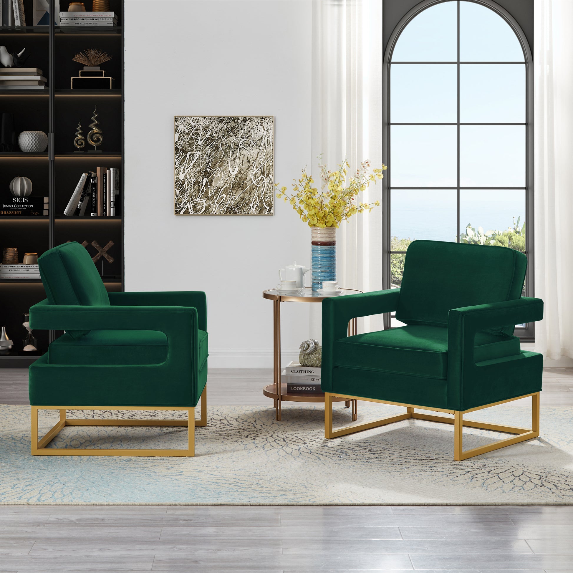 Modern Style Accent Chair With Gold Metal Basevelvet Upholstered Leisure Chair With Open Armrest, Armchair, Jade Emerald Primary Living Space Modern Foam Velvet