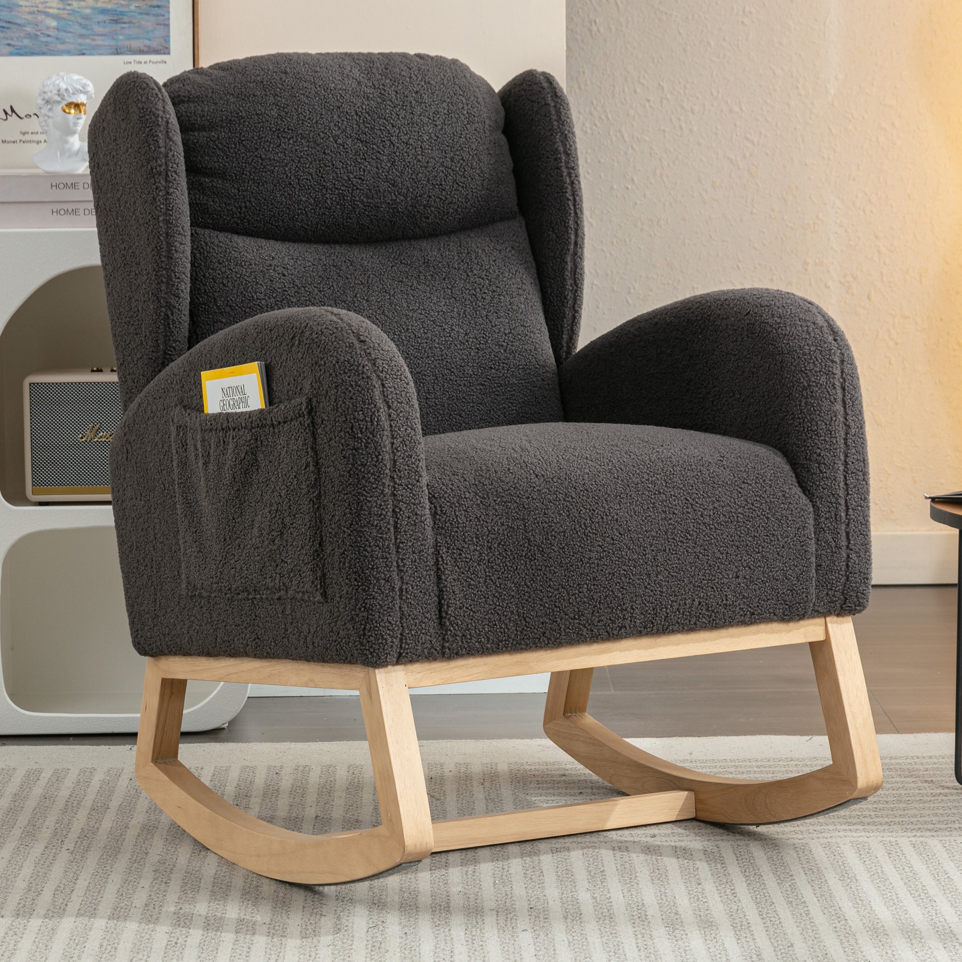 049 Teddy Fabric Rocking Chair With Packet Wood Legs,Dark Gray Wood Solid Dark Gray Primary Living Space Foam Wipe Clean Modern Rocking Chairs Eucalyptus Tufted Back Foam Teddy