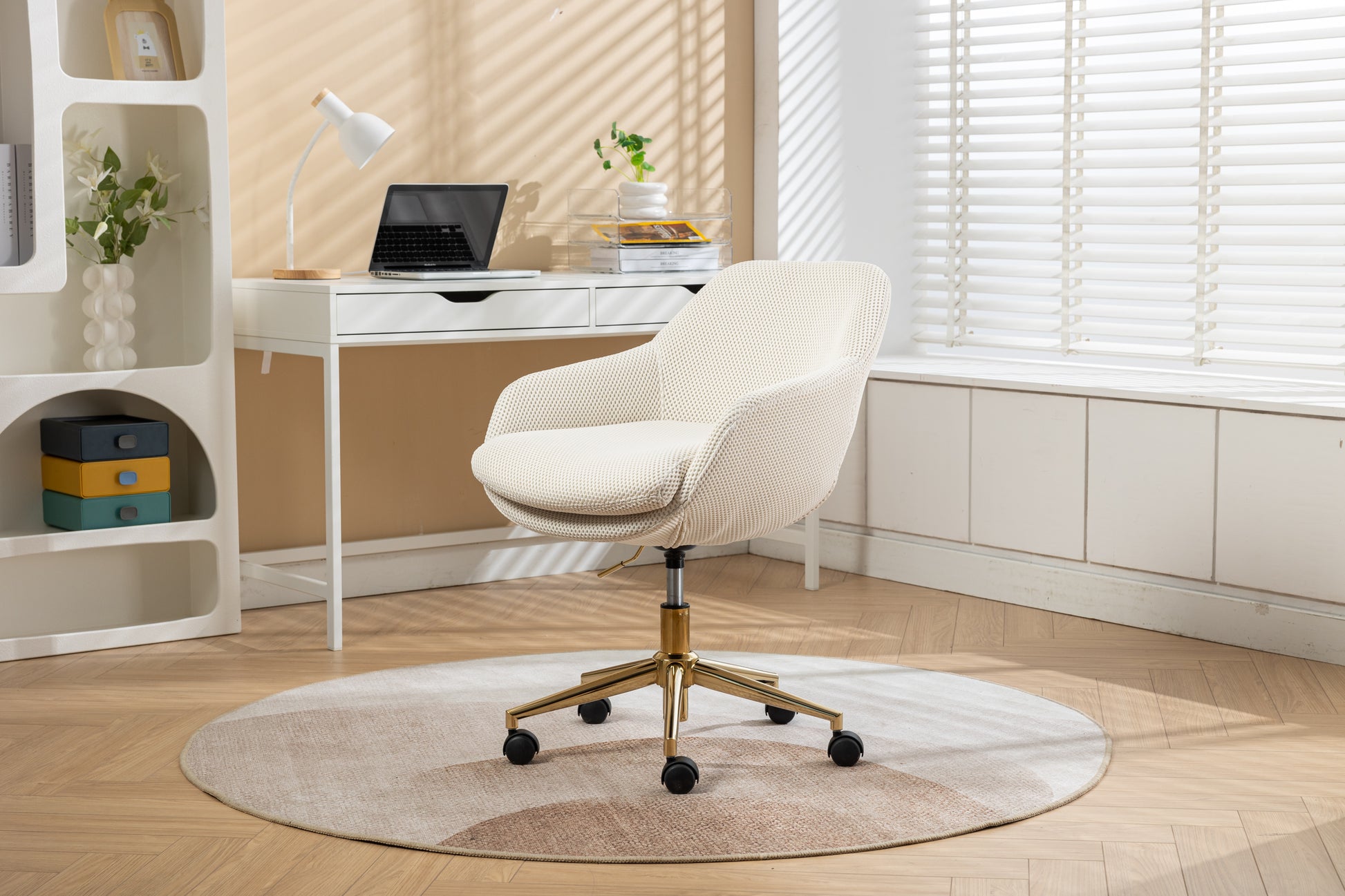 046 Mesh Fabric Home Office 360 Swivel Chair Adjustable Height With Gold Metal Base,Beige Solid Beige Office Sponge Wipe Clean Modern Office Chairs Tufted Back Foam Adjustable Height Fabric Mesh