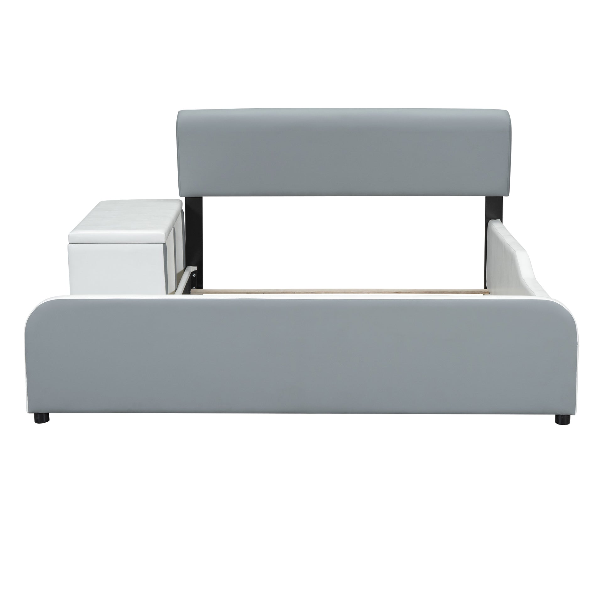 Full Size Upholstered Platform Bed With Storage Nightstand And Guardrail, Gray Box Spring Not Required Full Gray Wood Bedroom Upholstered