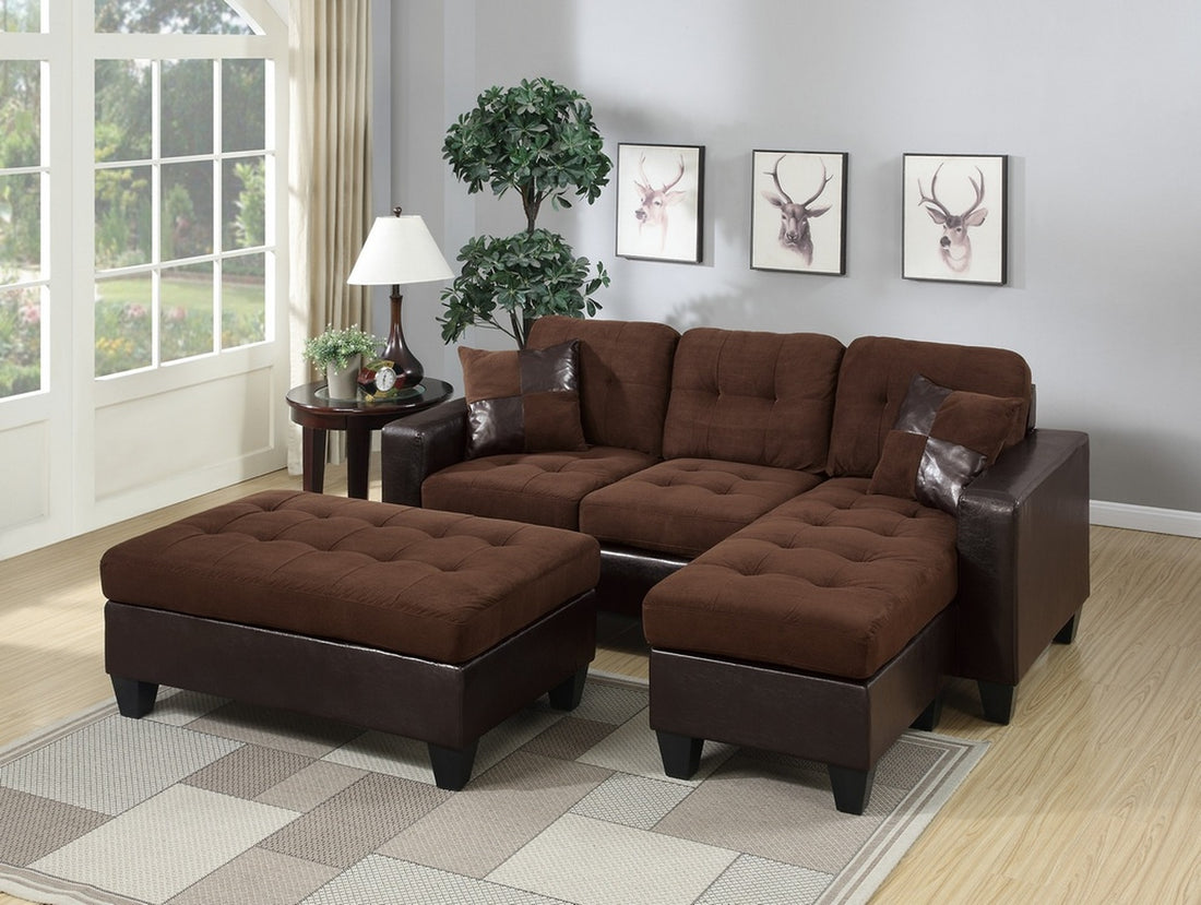 Chocolate Plush Microfiber Faux Leather 3Pcs Reversible Sectional Sofa Chaise W Ottoman Chaise Tufted Couch Lounge Living Room Furniture Chocolate Wood Primary Living Space Tufted Back Classic,Contemporary,Modern L Shaped Rubberwood Fabric 4 Seat