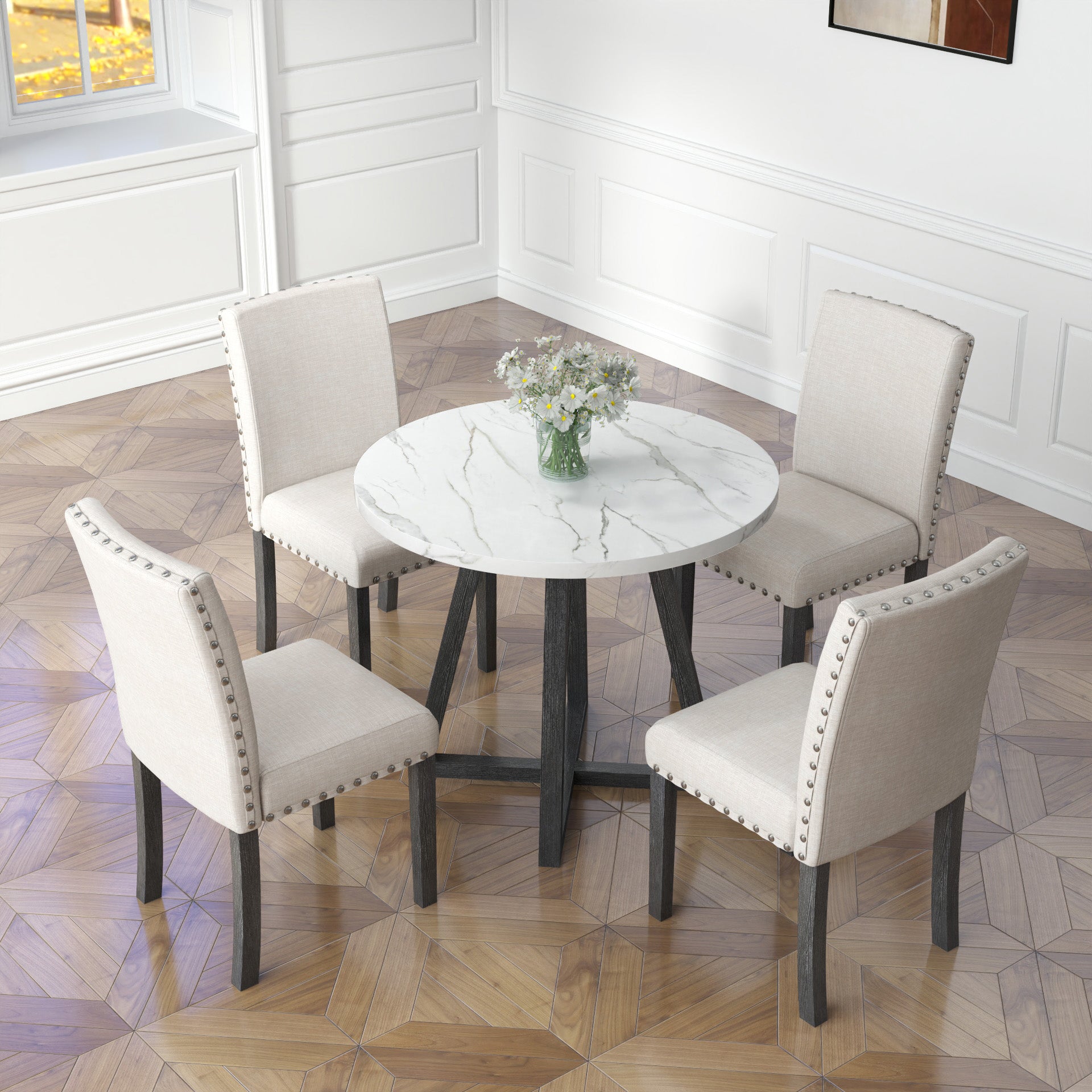Five Piece Dining Room Set With Imitation Marble Table Top, Solid Wood Dining Table And 4 Chairs, Space Saving Kitchen And Dining Room Combination Furniture. Black White Solid Wood Mdf